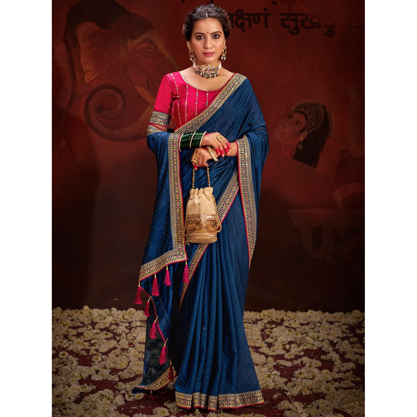 Saree Mall Women's Navy Blue Vichitra Silk Embroidered Saree With Unstitched Blouse Piece(Ayushi4005_Sum)