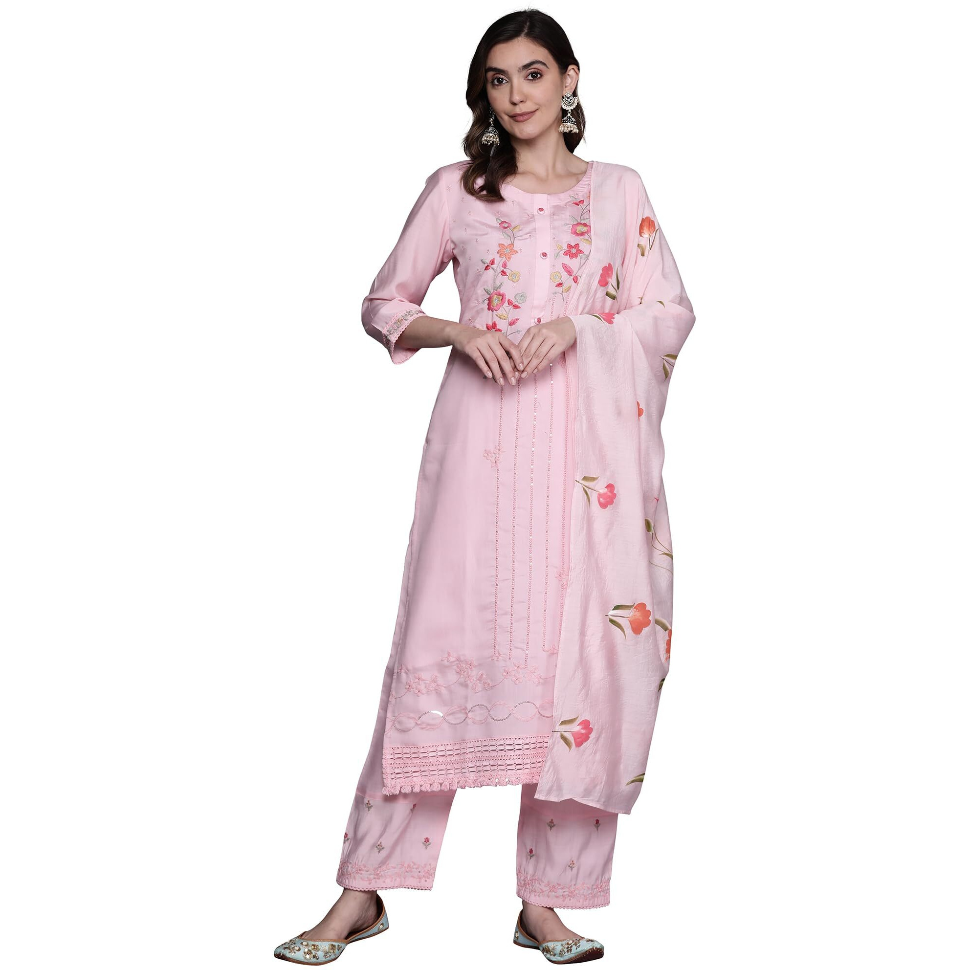 Indo Era Silk Blend Pink Straight Embroidered Kurta Trouser With Dupatta Set For Women (Kh9Pk7106_X-Small)