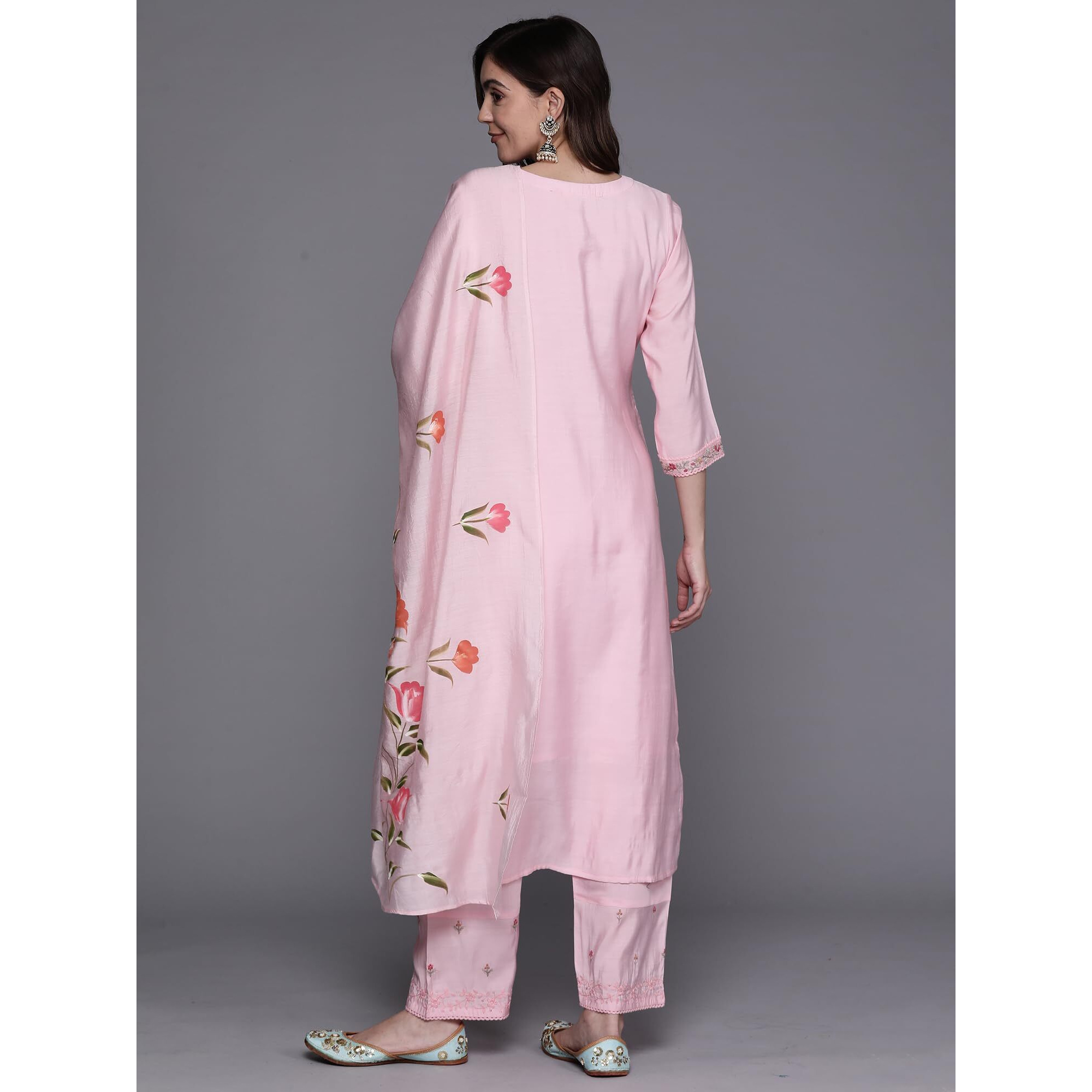 Indo Era Silk Blend Pink Straight Embroidered Kurta Trouser With Dupatta Set For Women (Kh9Pk7106_X-Small)