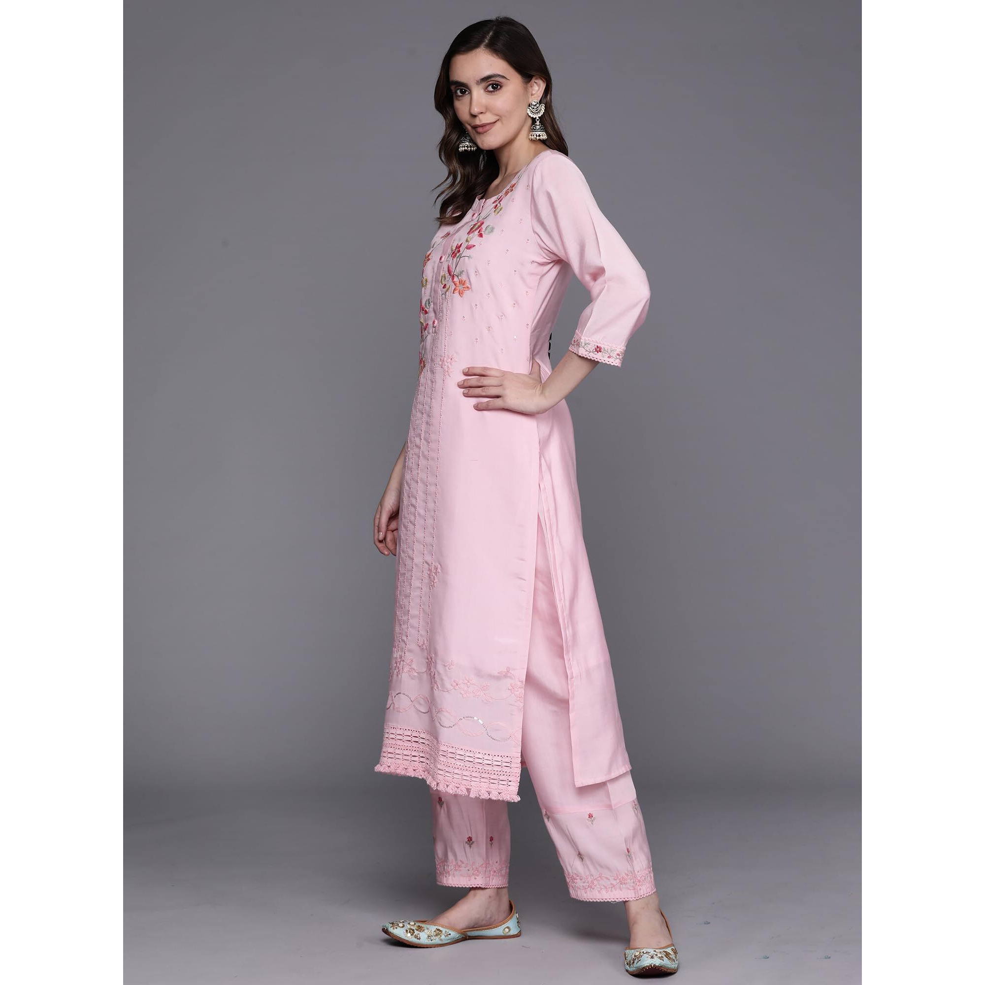 Indo Era Silk Blend Pink Straight Embroidered Kurta Trouser With Dupatta Set For Women (Kh9Pk7106_X-Small)