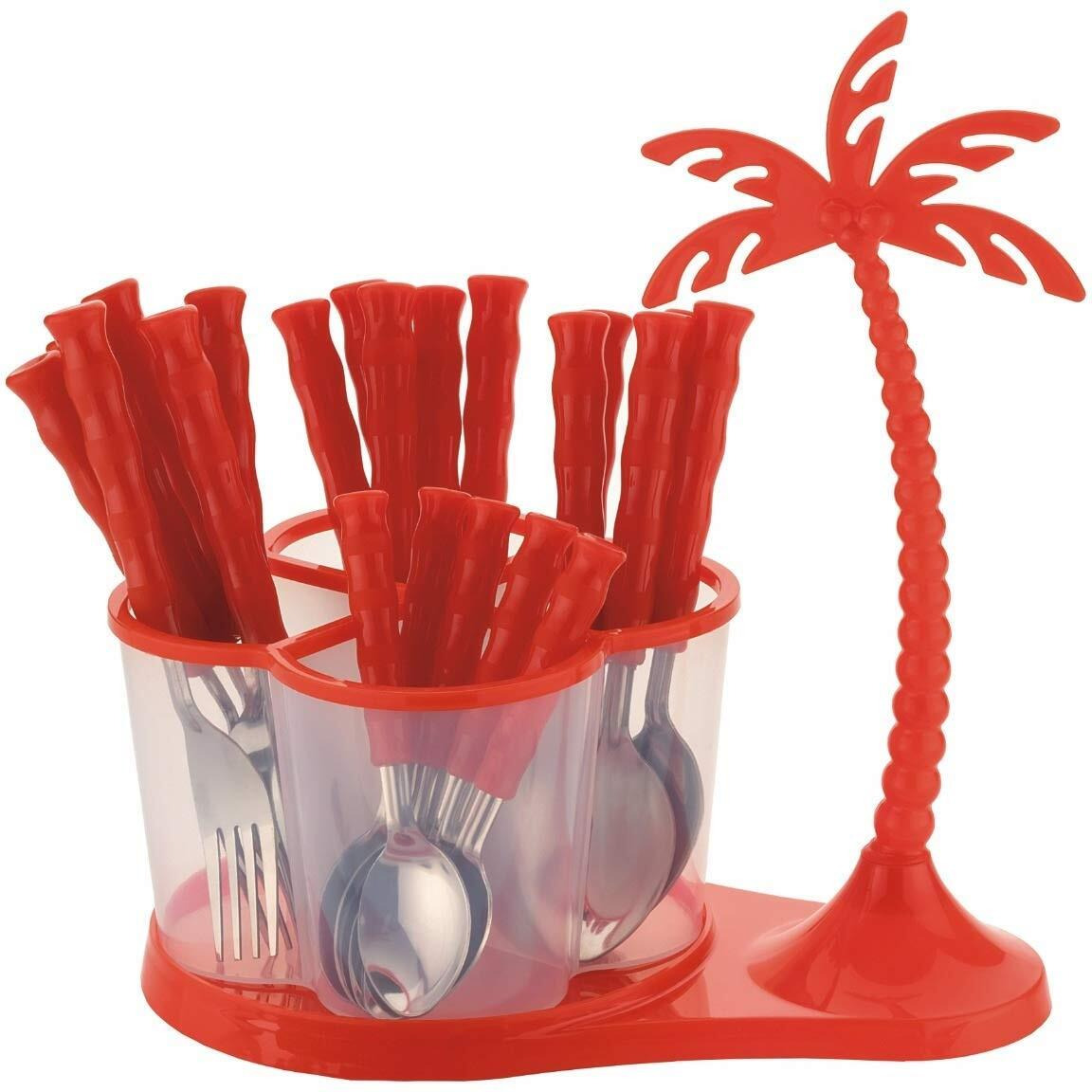 Parage 25 Pieces Stainless Steel Cutlery Set With Storage Box/Spoon Set/Spoon Stand For Kitchen And Dining Table (Contains 6 Table Spoons, 6 Forks, 6 Soup Spoons, 6 Tea Spoons, 1 Stand) (Red)