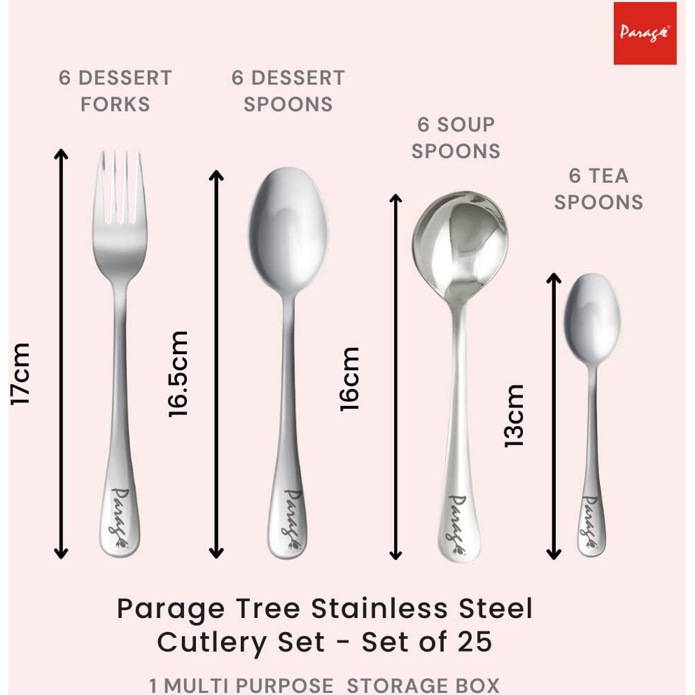 Parage 25 Pieces Stainless Steel Cutlery Set With Storage Box/Spoon Set/Spoon Stand For Kitchen And Dining Table (Contains 6 Table Spoons, 6 Forks, 6 Soup Spoons, 6 Tea Spoons, 1 Stand) (Red)