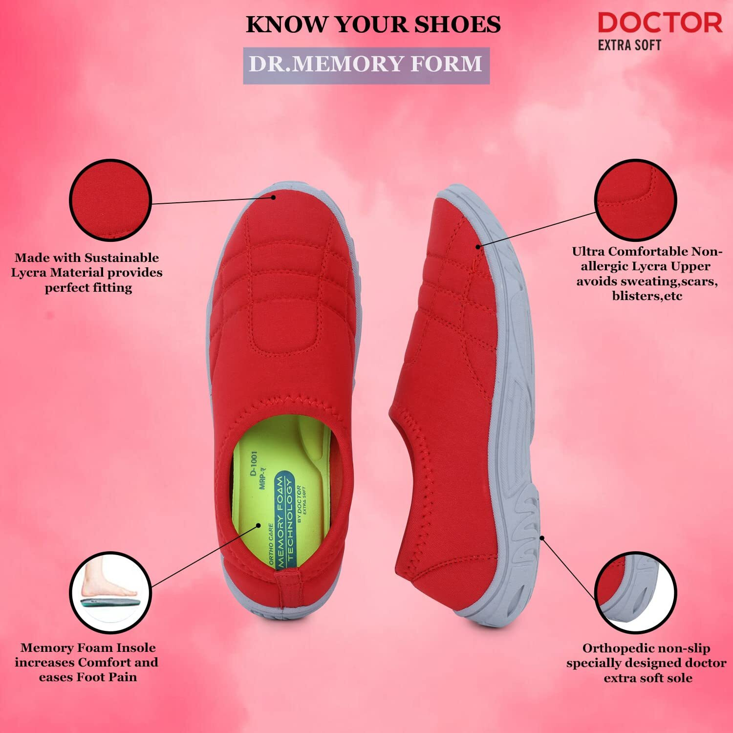 Doctor Extra Soft Memory Foam Women's Shoes For Walking Gym Training,Casual, Sports,Slip-On,Lightweight Lace Up Athletics Slipon Running Sneaker For Ladies And Girls Red, 6 Uk