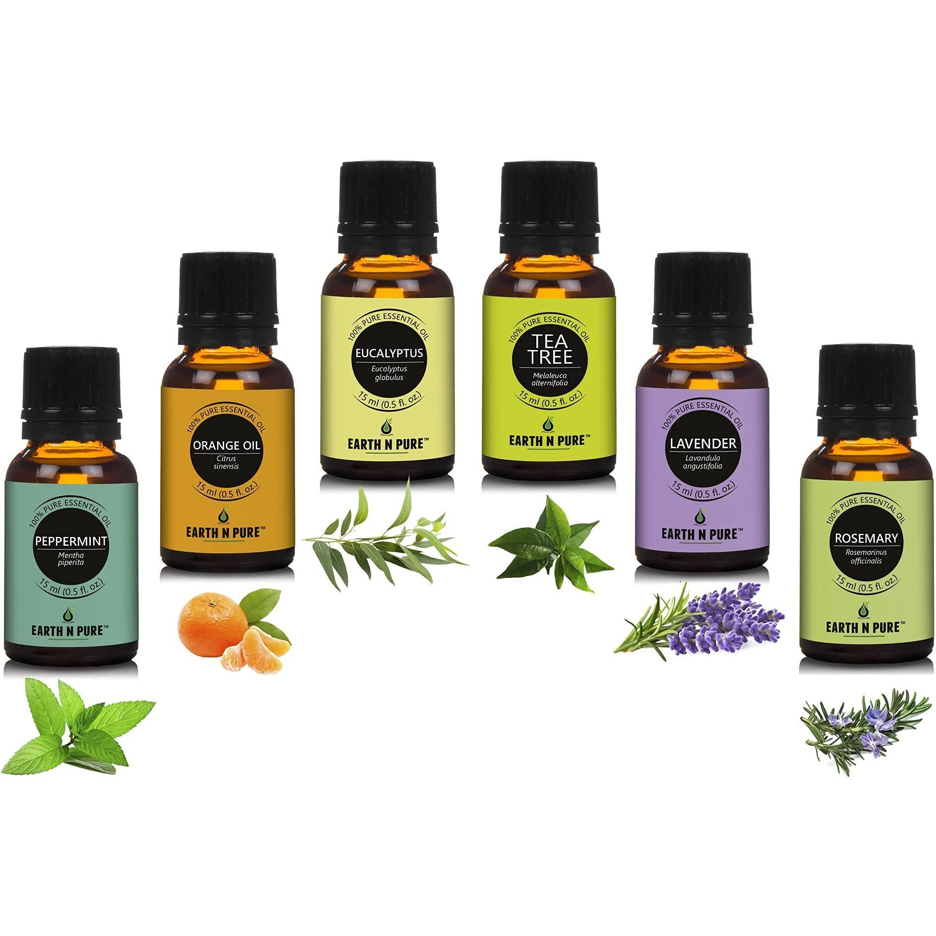 Earth N Pure Essential Oil Pack Of 6 (Peppermint, Sweet Orange, Eucalyptus, Tea Tree, Lavender & Rosemary) 15 Ml Each