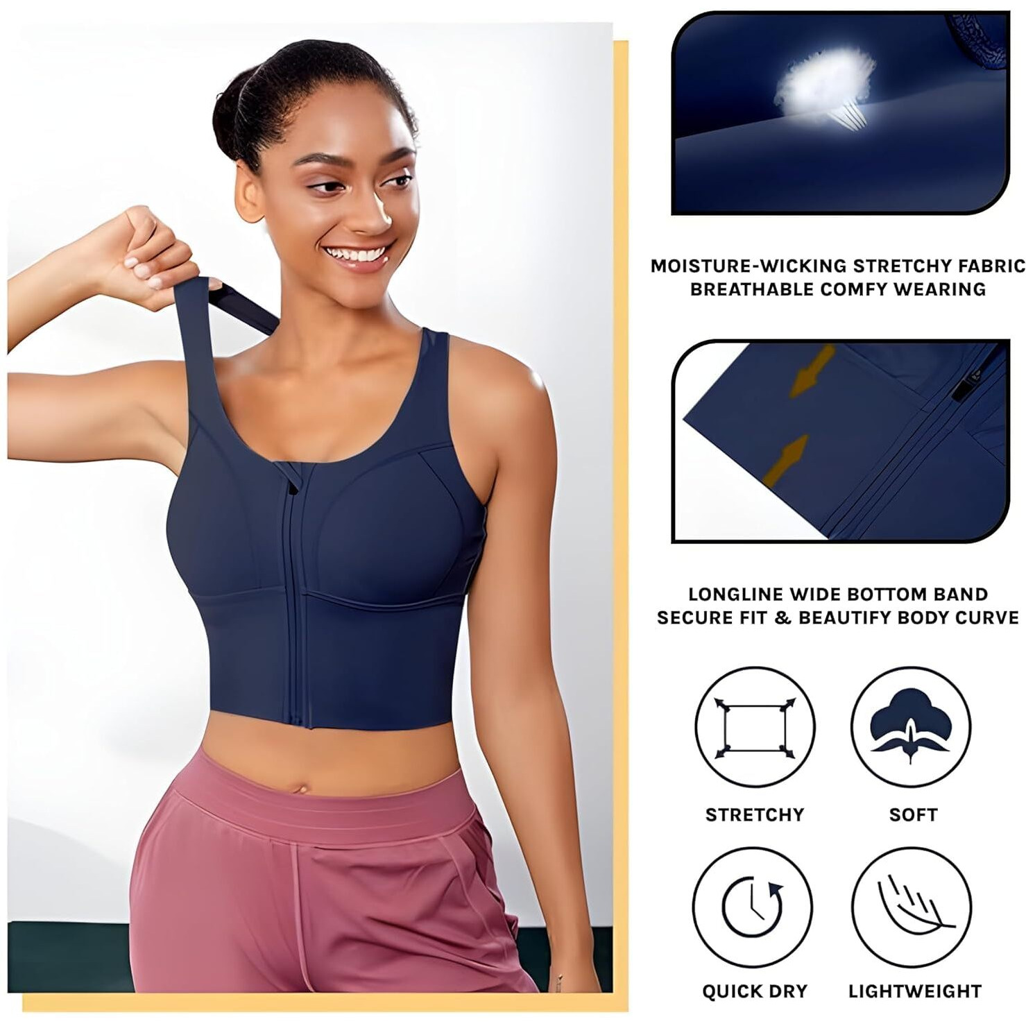 Glamoras Women Polyester Spandex High Impact Front Zip Sports Bra Longline Fitness Criss Cross Back Crop Tops Tank Gym Yoga Workout, Size M-4Xl Blue