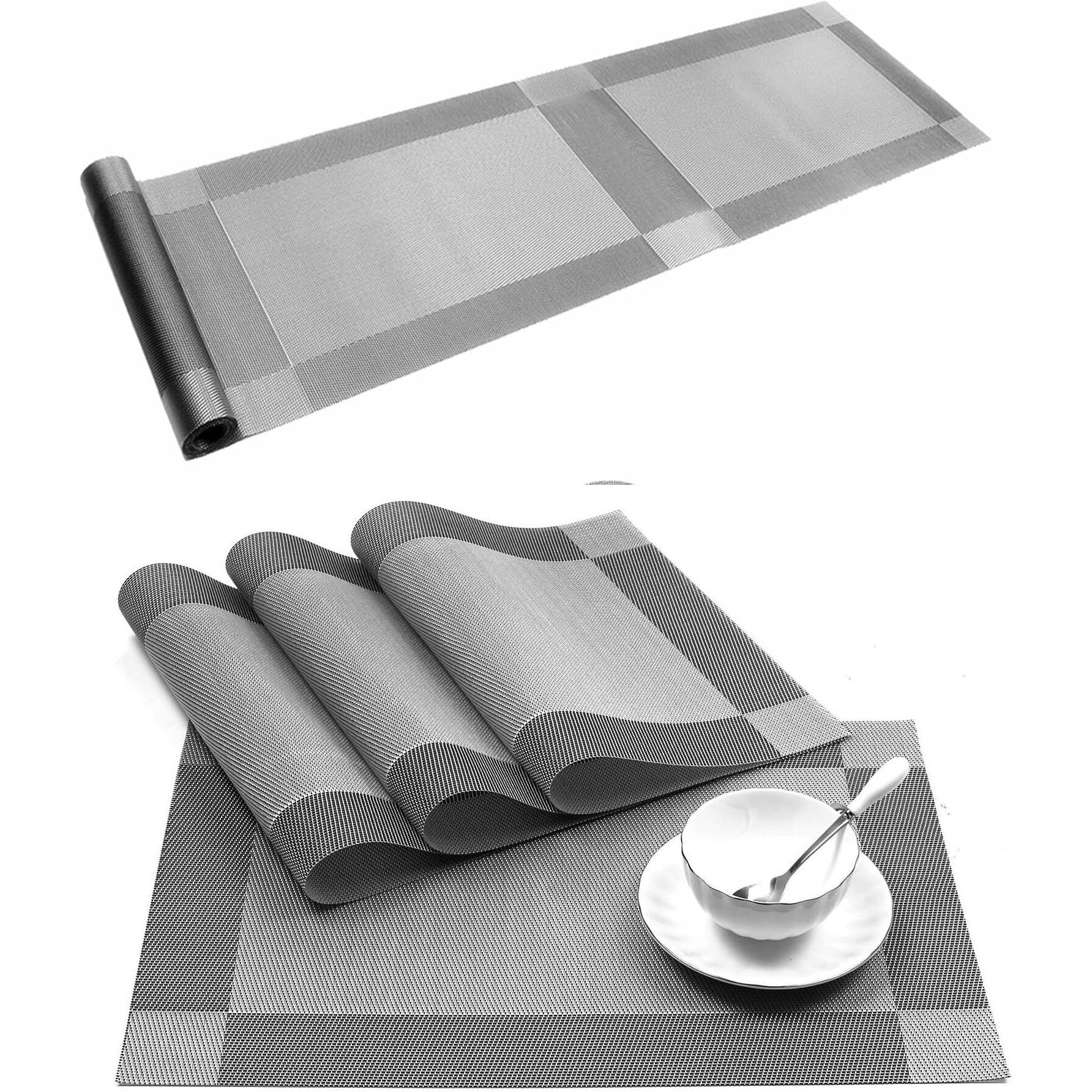 Baskety Placemat Stain Resistant Pvc Table Mats Waterproof Non-Slip Coffee Mats Wipeable Woven Vinyl Heat Resistant Kitchen Tablemats For Dining Table Silver 4 Placemats And 1 Table Runner