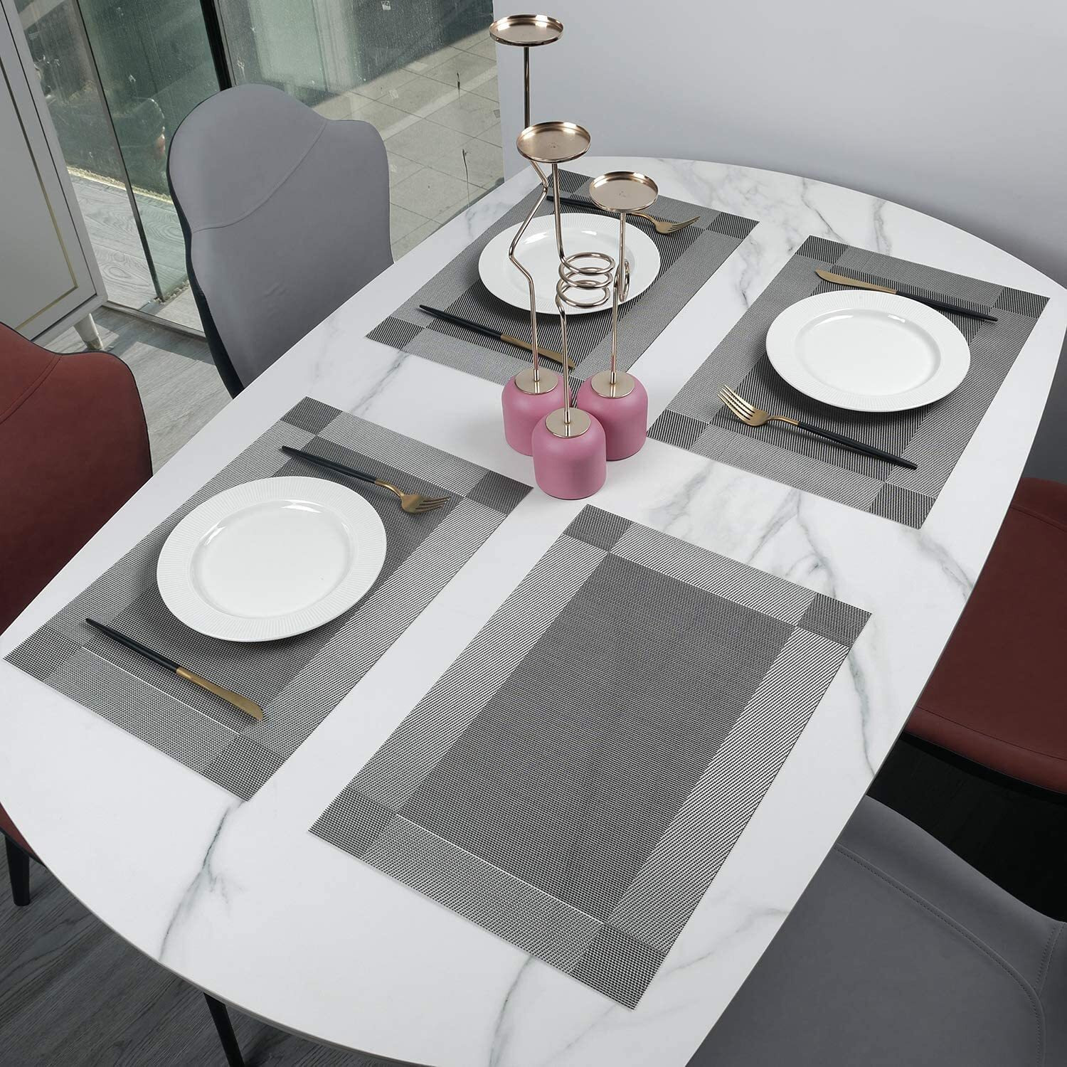Baskety Placemat Stain Resistant Pvc Table Mats Waterproof Non-Slip Coffee Mats Wipeable Woven Vinyl Heat Resistant Kitchen Tablemats For Dining Table Silver 4 Placemats And 1 Table Runner