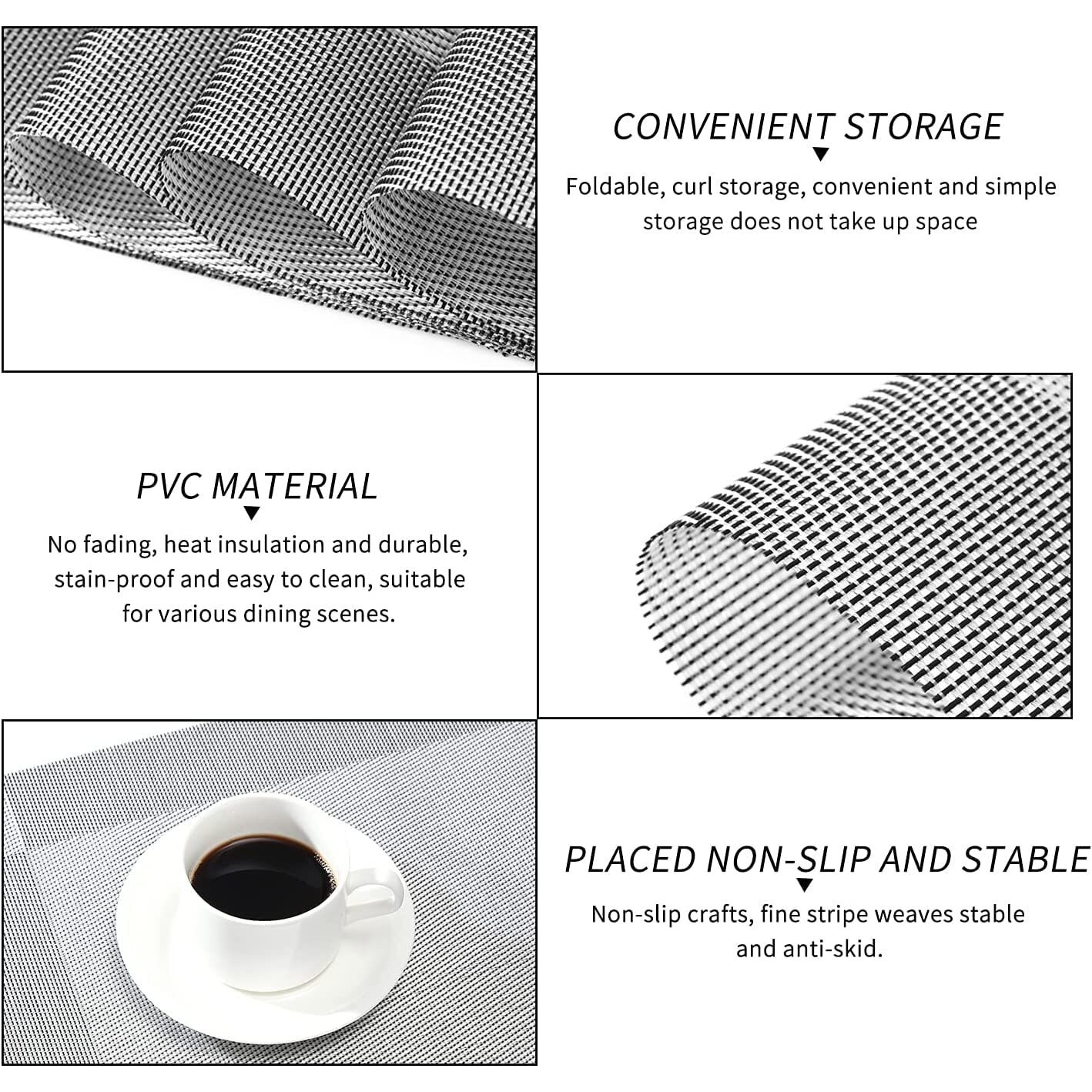 Baskety Placemat Stain Resistant Pvc Table Mats Waterproof Non-Slip Coffee Mats Wipeable Woven Vinyl Heat Resistant Kitchen Tablemats For Dining Table Silver 4 Placemats And 1 Table Runner