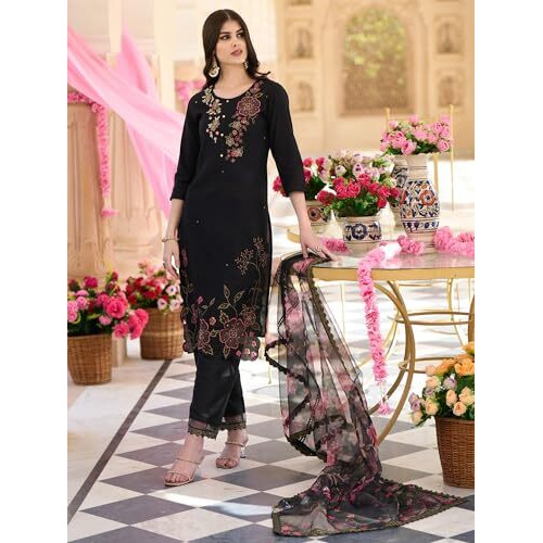 Indo Era Women's Black Embroidered Silk Blend Straight Kurta Pant With Dupatta Set (Ieout7491_Small)