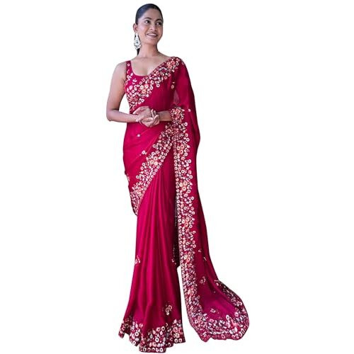 Akhilam Women's Pink Chiffon Embroidered Saree With Unstitched Blouse Piece(Kesari9205_Kr)