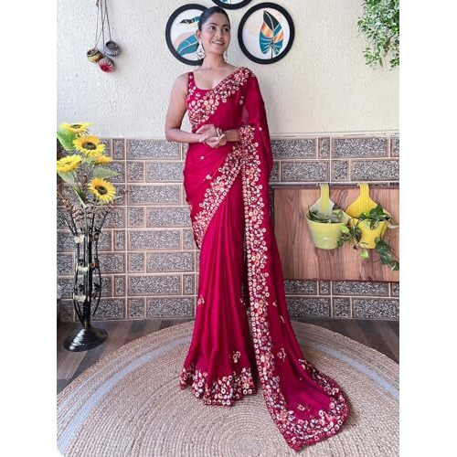 Akhilam Women's Pink Chiffon Embroidered Saree With Unstitched Blouse Piece(Kesari9205_Kr)