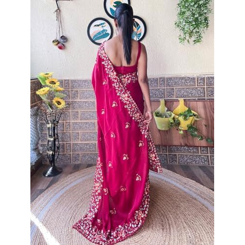 Akhilam Women's Pink Chiffon Embroidered Saree With Unstitched Blouse Piece(Kesari9205_Kr)
