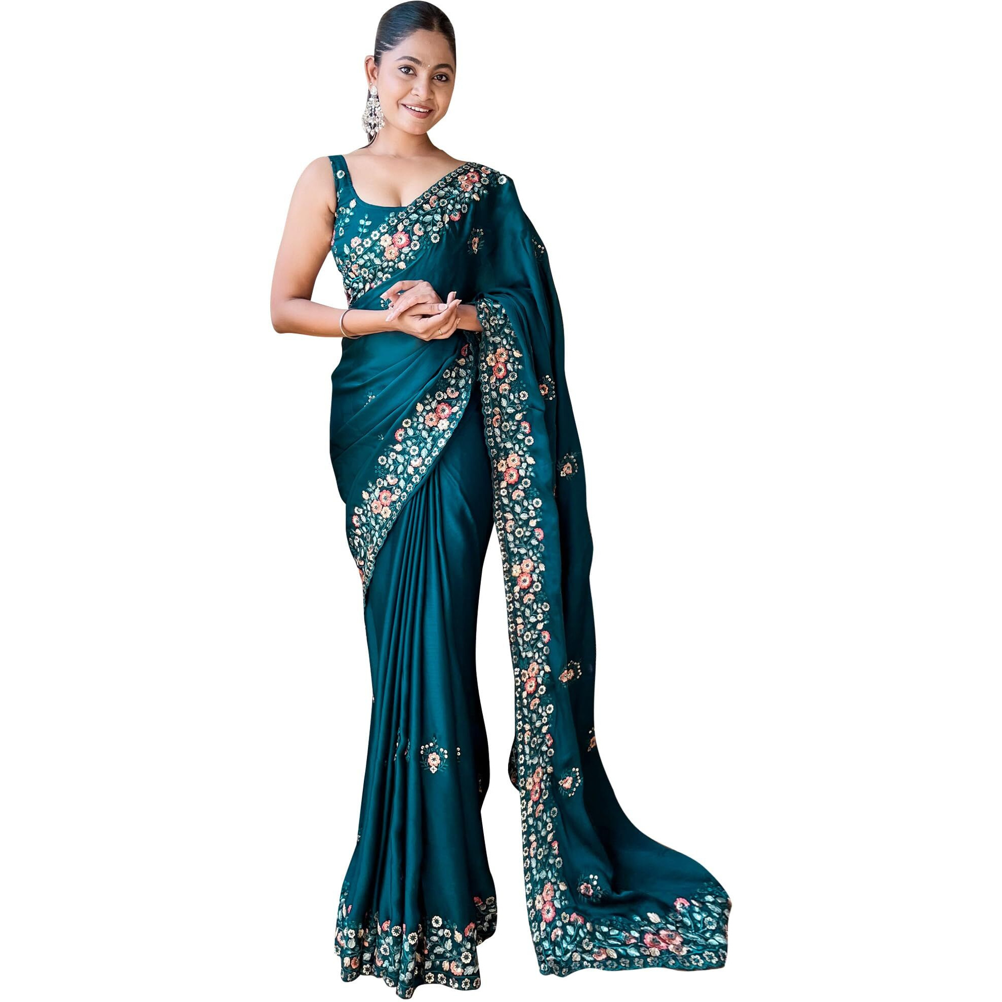 Akhilam Women's Teal Blue Chiffon Embroidered Saree With Unstitched Blouse Piece(Kesari9204_Kr)