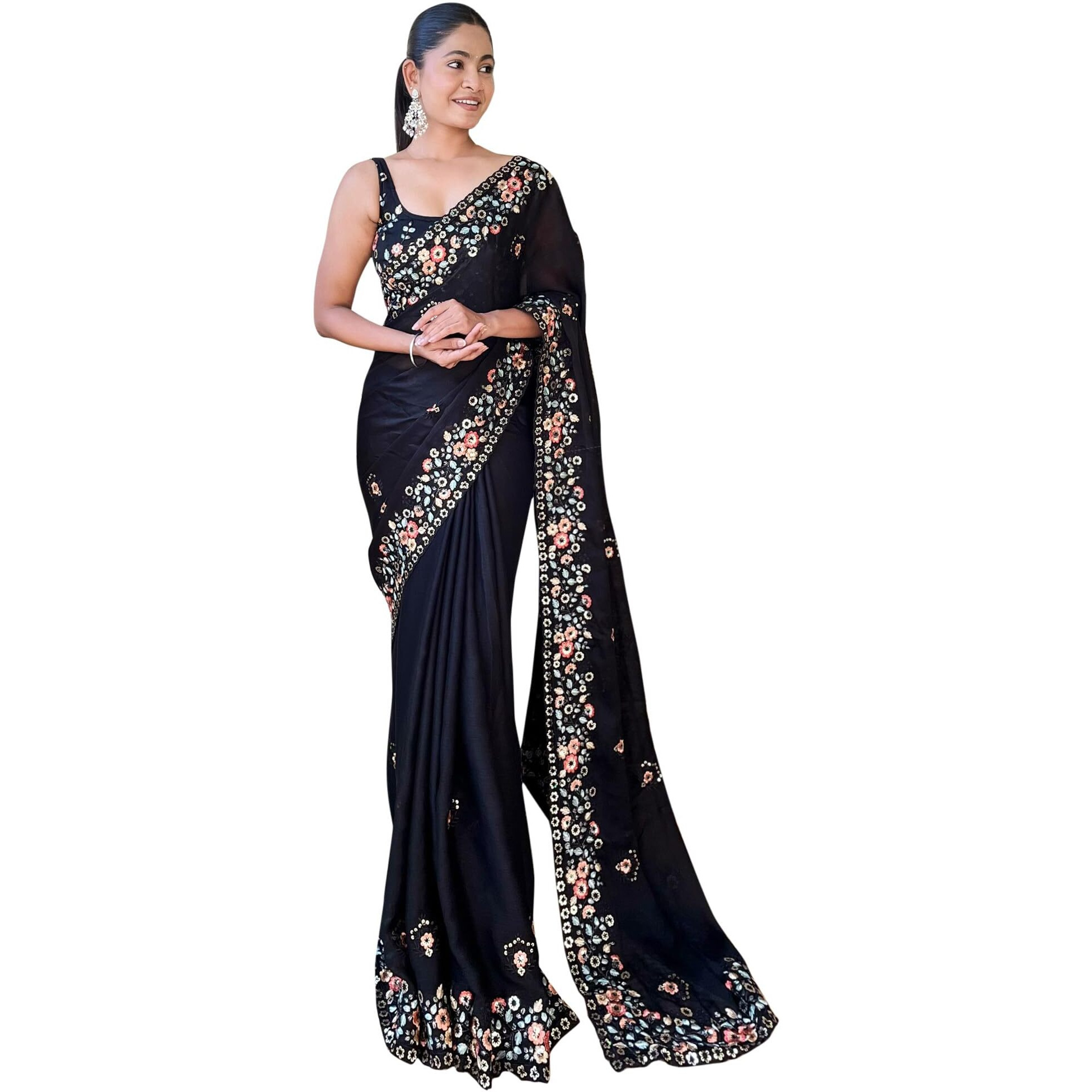 Akhilam Women's Black Chiffon Embroidered Saree With Unstitched Blouse Piece(Kesari9201_Kr)