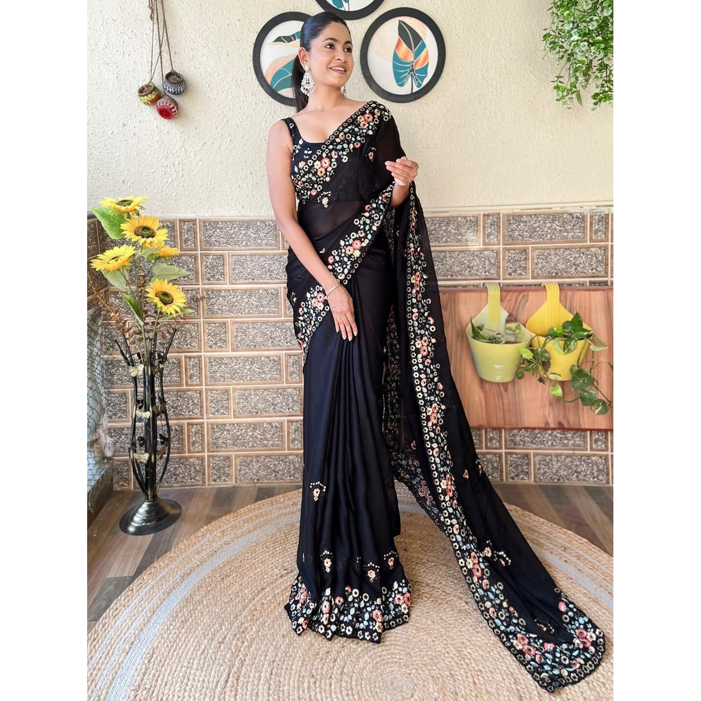 Akhilam Women's Black Chiffon Embroidered Saree With Unstitched Blouse Piece(Kesari9201_Kr)