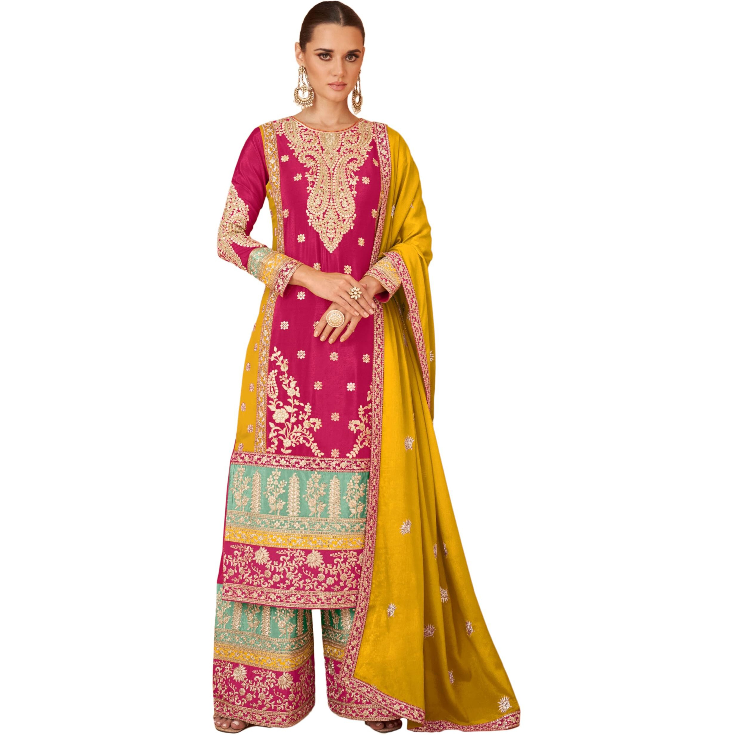 Miss Ethnik Chinon Silk Women's Pink Chinon Stitched Top With Stitched Chinon Bottom Full Sleeve Embroidered Straight Kurta & Palazzo With Dupatta (Me-1163-Pink-L)