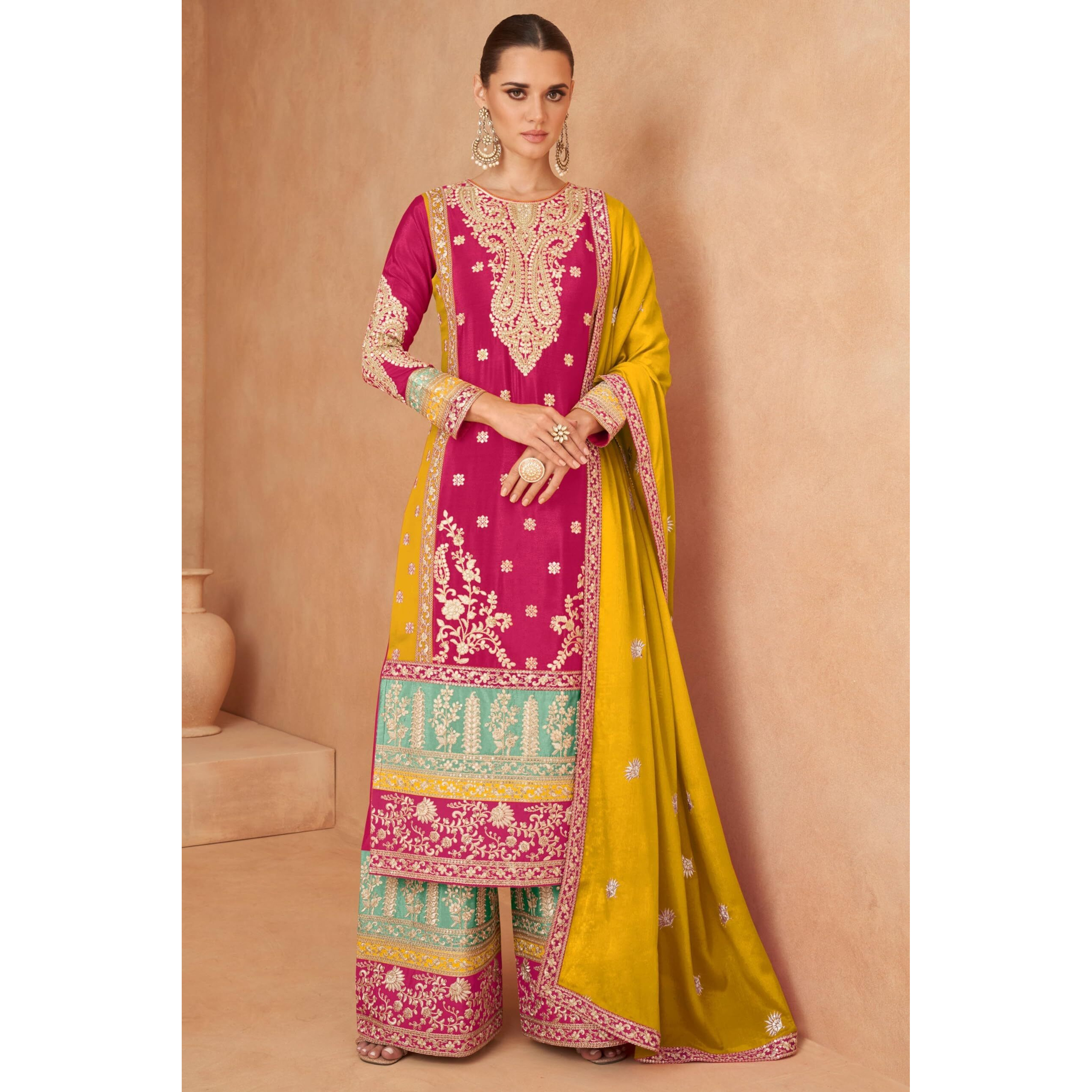 Miss Ethnik Chinon Silk Women's Pink Chinon Stitched Top With Stitched Chinon Bottom Full Sleeve Embroidered Straight Kurta & Palazzo With Dupatta (Me-1163-Pink-L)