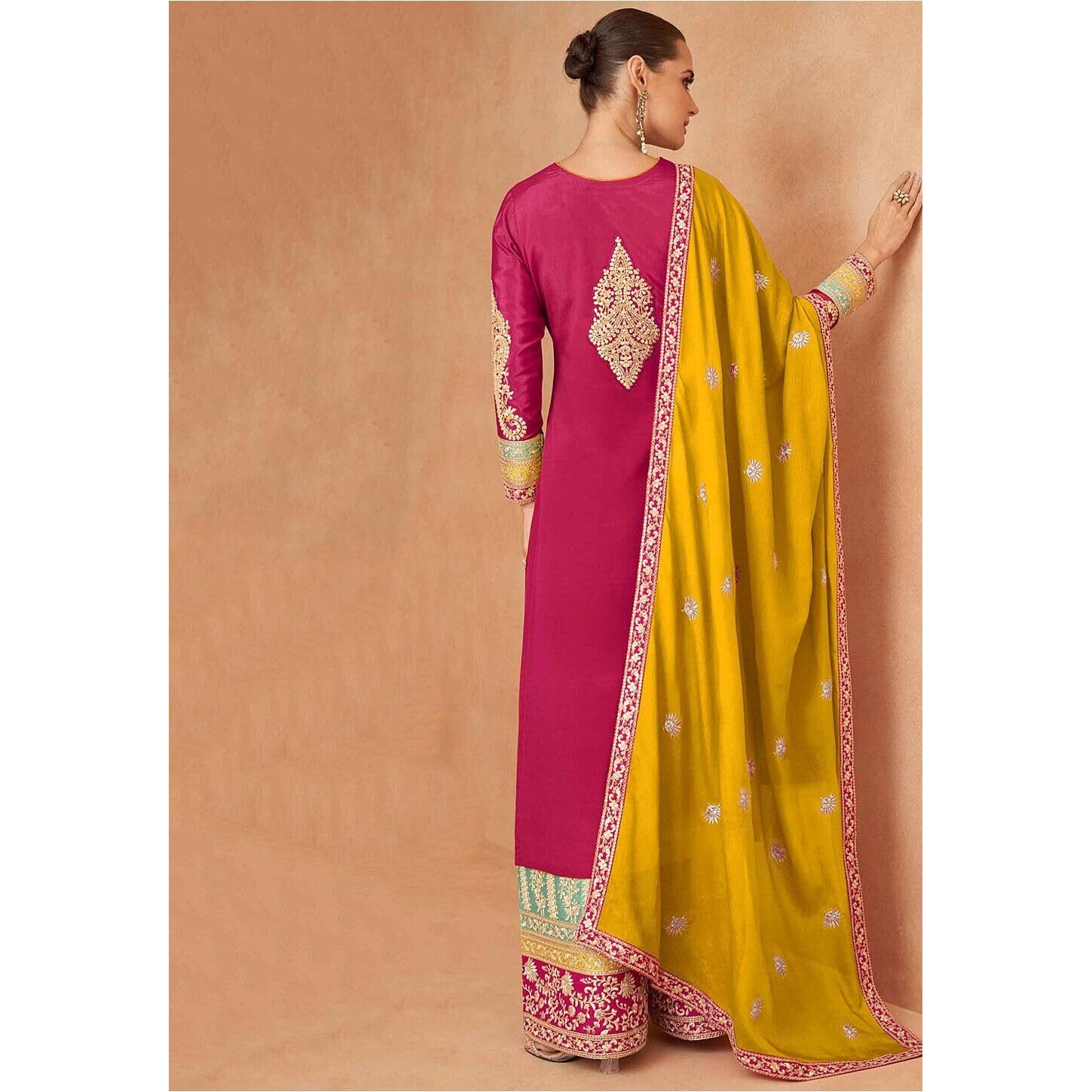 Miss Ethnik Chinon Silk Women's Pink Chinon Stitched Top With Stitched Chinon Bottom Full Sleeve Embroidered Straight Kurta & Palazzo With Dupatta (Me-1163-Pink-L)