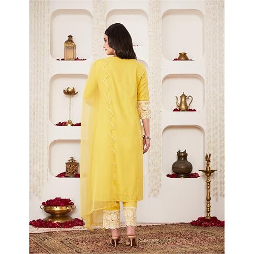 Amazon Brand - Myx Women's Embroidered Cotton Kurta Pant Set With Organza Dupatta (Ss25-Myx-Sur-Ks-18_Yellow_2Xl)
