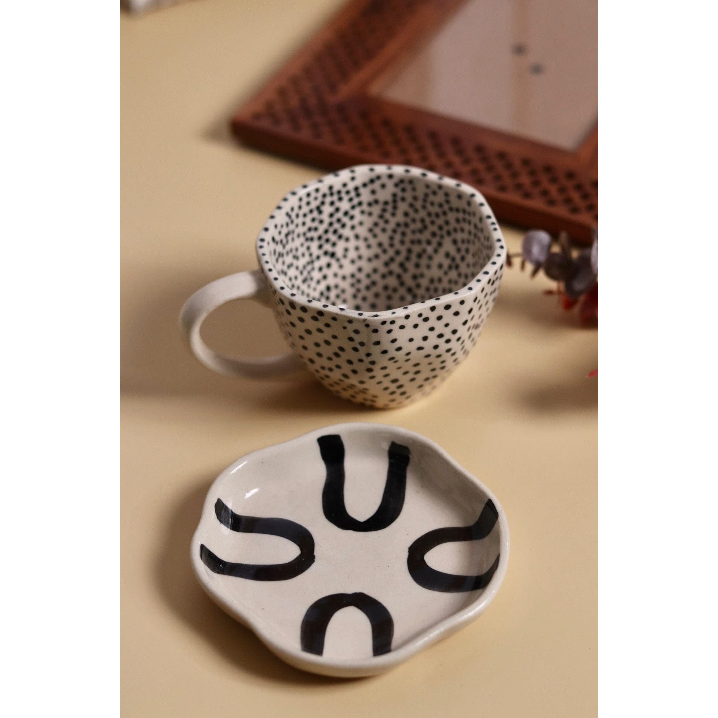 Weaving Homes Handcrafted Ceramic Black Polka Mug & Abstract Dessert Plates, Mugs, Coffee Mugs, Ceramic Plates, Ceramic Mugs, Adorable Mugs, Cute Mugs, Mugs & Plates 220 Ml