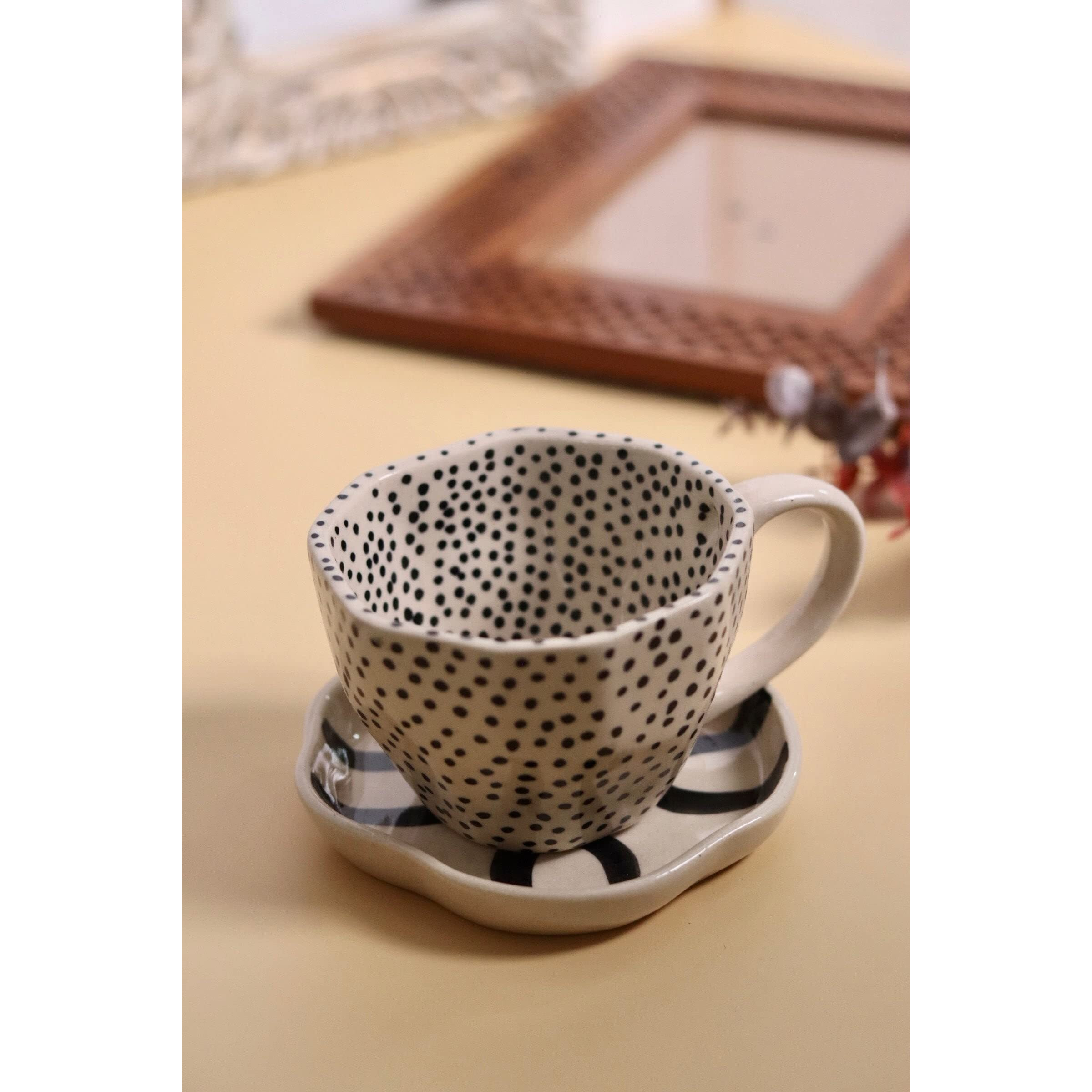 Weaving Homes Handcrafted Ceramic Black Polka Mug & Abstract Dessert Plates, Mugs, Coffee Mugs, Ceramic Plates, Ceramic Mugs, Adorable Mugs, Cute Mugs, Mugs & Plates 220 Ml