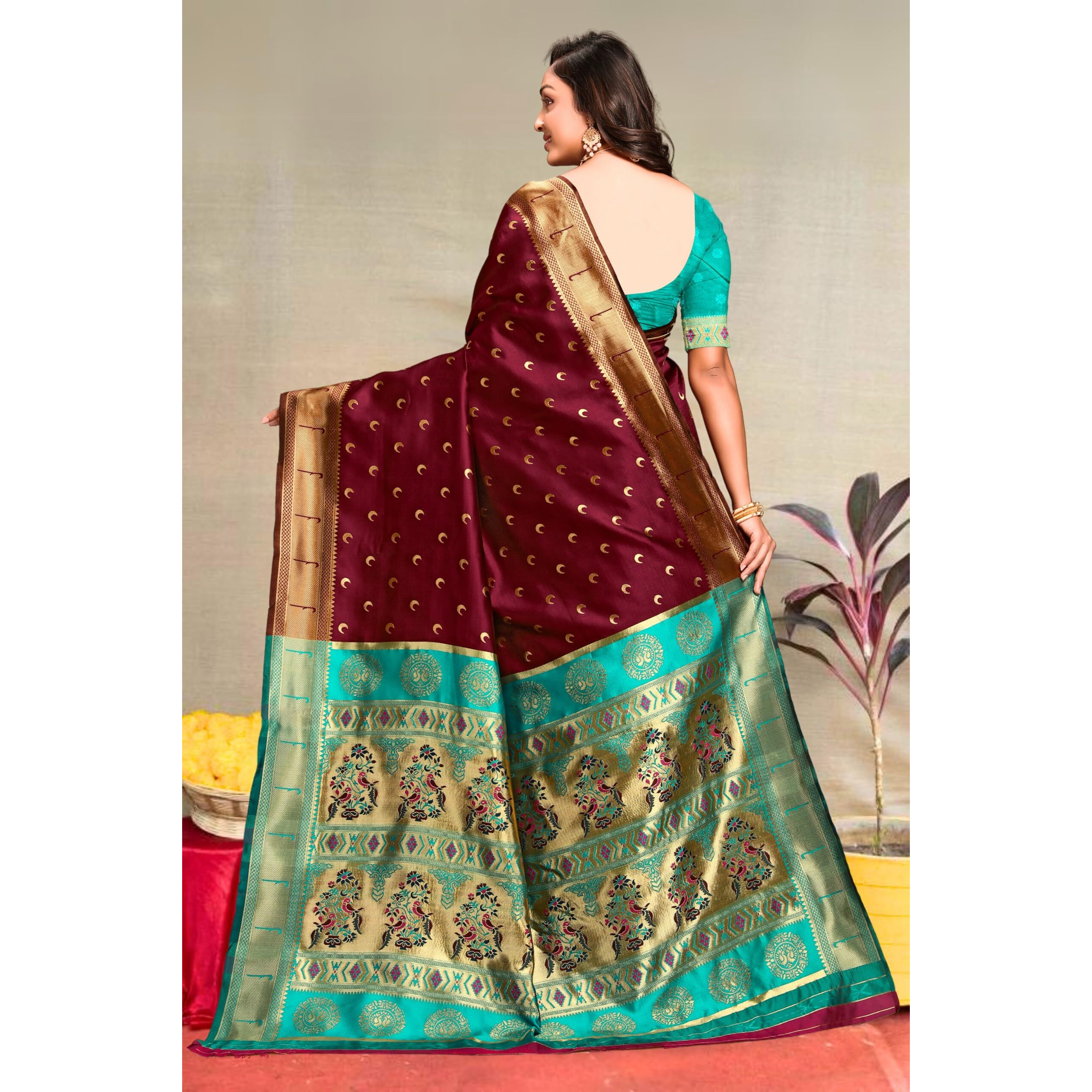 C J Enterprise Women's Banarasi Saree Pure Kanjivaram Silk Saree Soft Design Wear Pattu Sarees Latest Cotton With Blouse Piece For Wedding Sadi New Ladies 2025 (Chand Paithani) (Maroon-Rama)