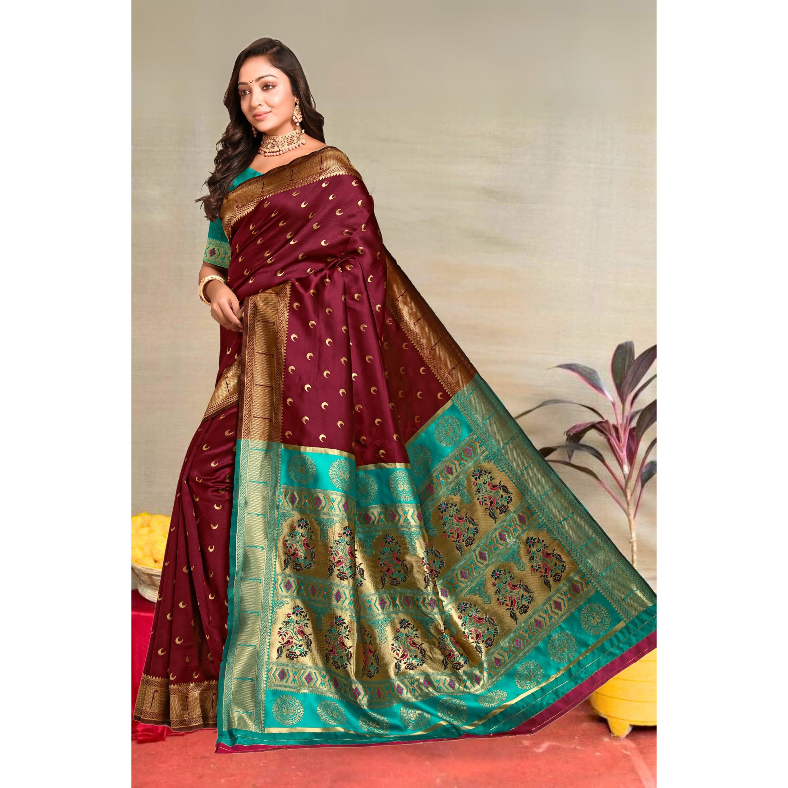C J Enterprise Women's Banarasi Saree Pure Kanjivaram Silk Saree Soft Design Wear Pattu Sarees Latest Cotton With Blouse Piece For Wedding Sadi New Ladies 2025 (Chand Paithani) (Maroon-Rama)