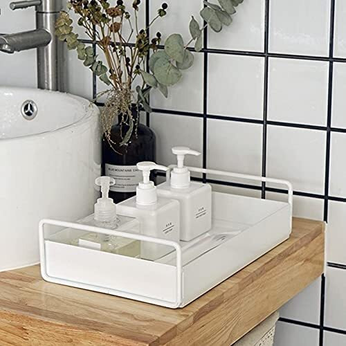 Rollyware Metal Bathroom Vanity Tray, Kitchen/Bathroom Countertop Storage Shelf Organizer,Coffee Table Decorative Tray Cosmetic Organizer Display Holder, (White-1Rectangular)