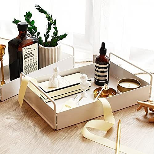 Rollyware Metal Bathroom Vanity Tray, Kitchen/Bathroom Countertop Storage Shelf Organizer,Coffee Table Decorative Tray Cosmetic Organizer Display Holder, (White-1Rectangular)