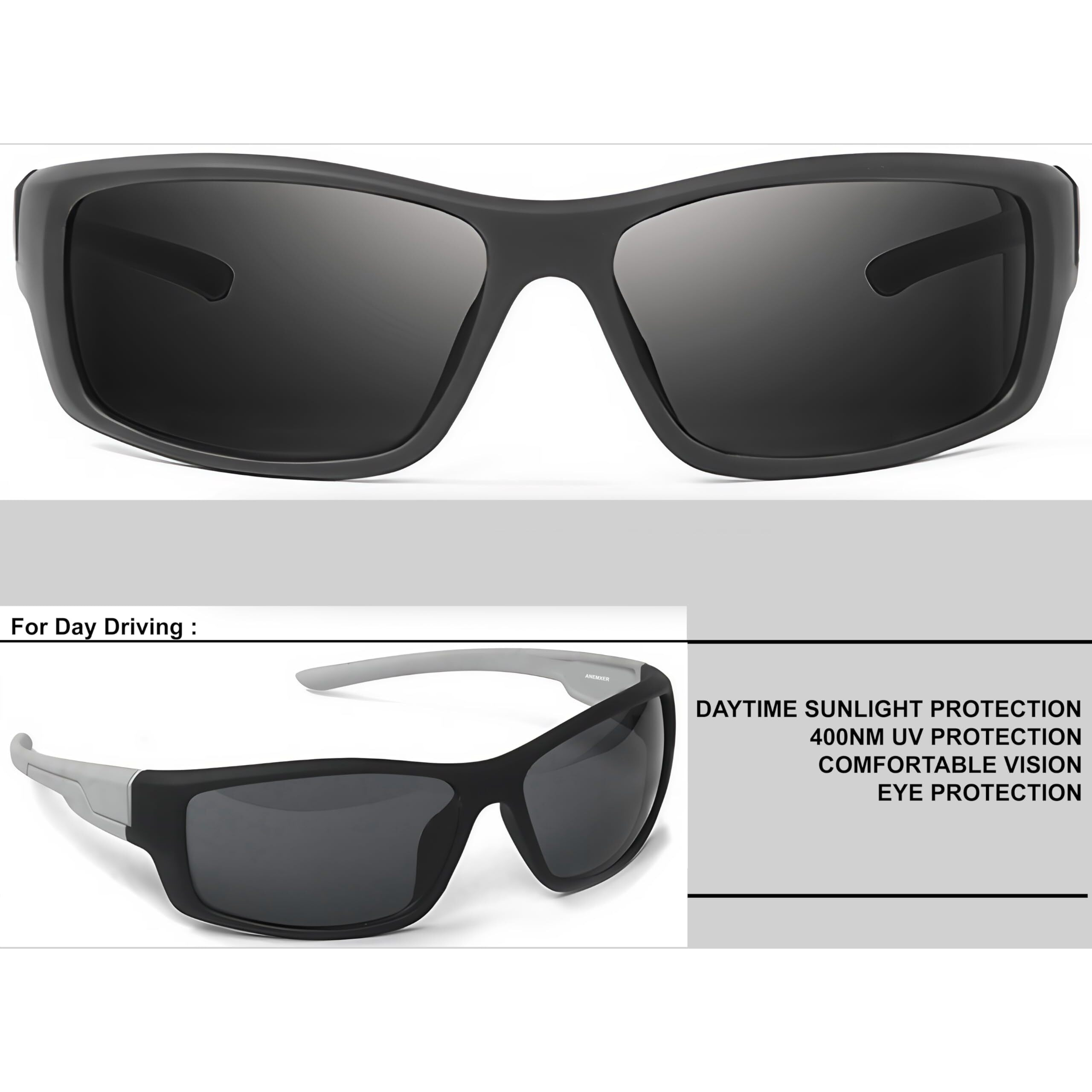 Anemxer Combo Of Wrap Around Sports Sunglasses With Diamond Cut Design Black Daytime Uv400Nm Sunglass For Men Women Anti Glare For Bike Riding Car Driving (Combo Black)
