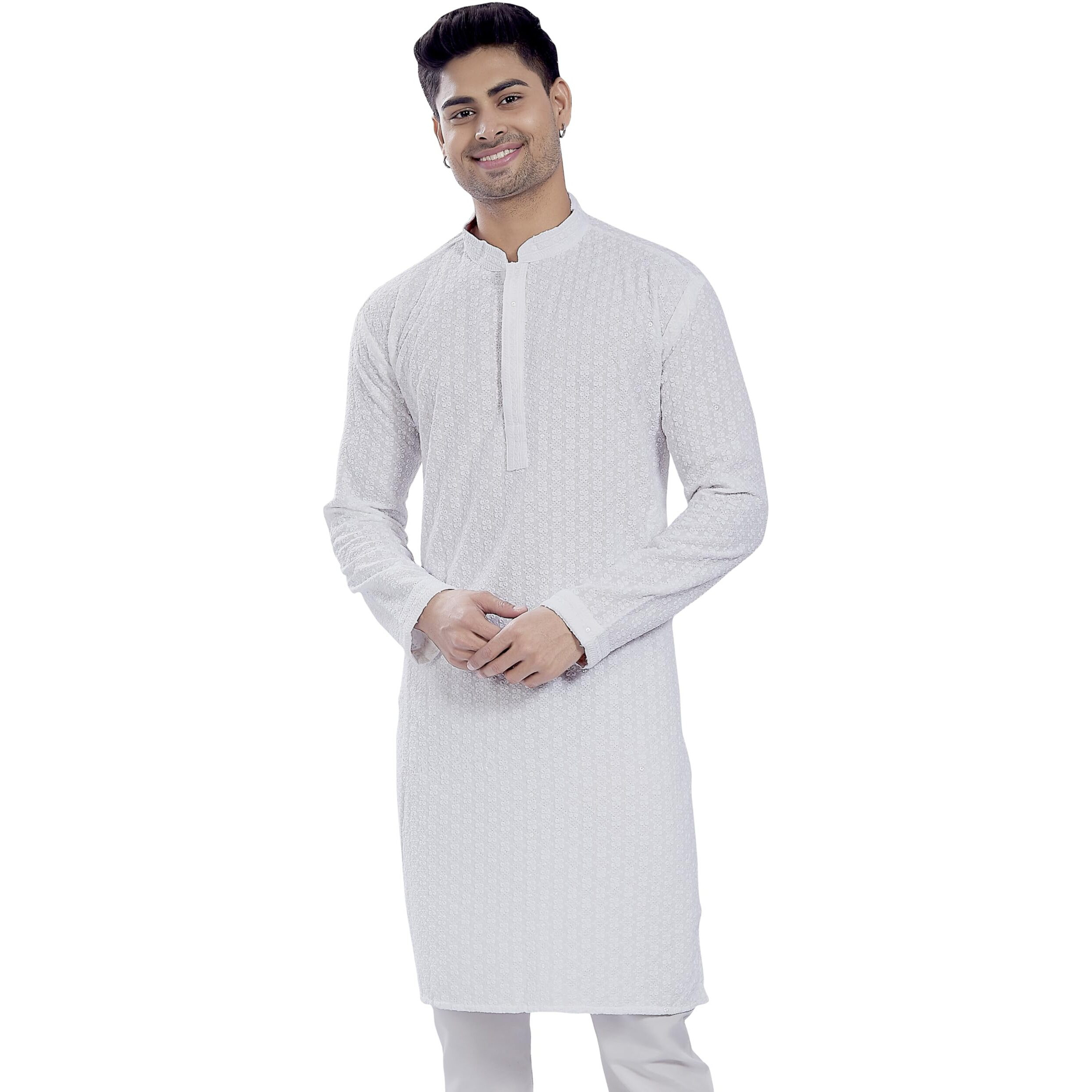 Divisive Men's Sequince Embroidered Cotton Blend Only Slim Fit Kurta (Dkrt676_M_White)