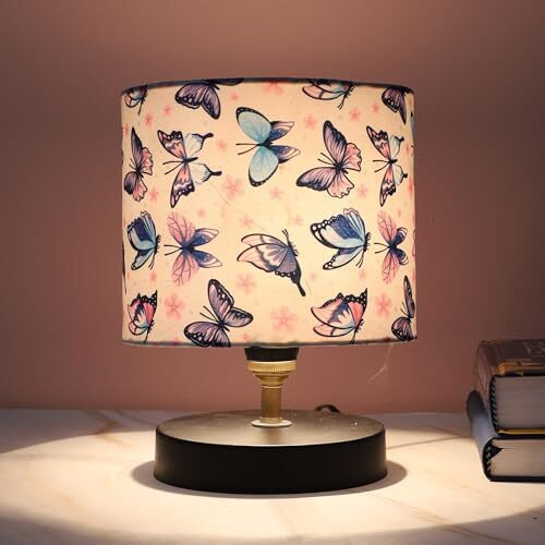 Tu Casa Black Metal Table Lamp For Home Decoration, Bedroom, Living Room, Lounge, Office, Festival Gifting, Study Table (Butterfly Print With Satin Shade) H - 9" / No Blub