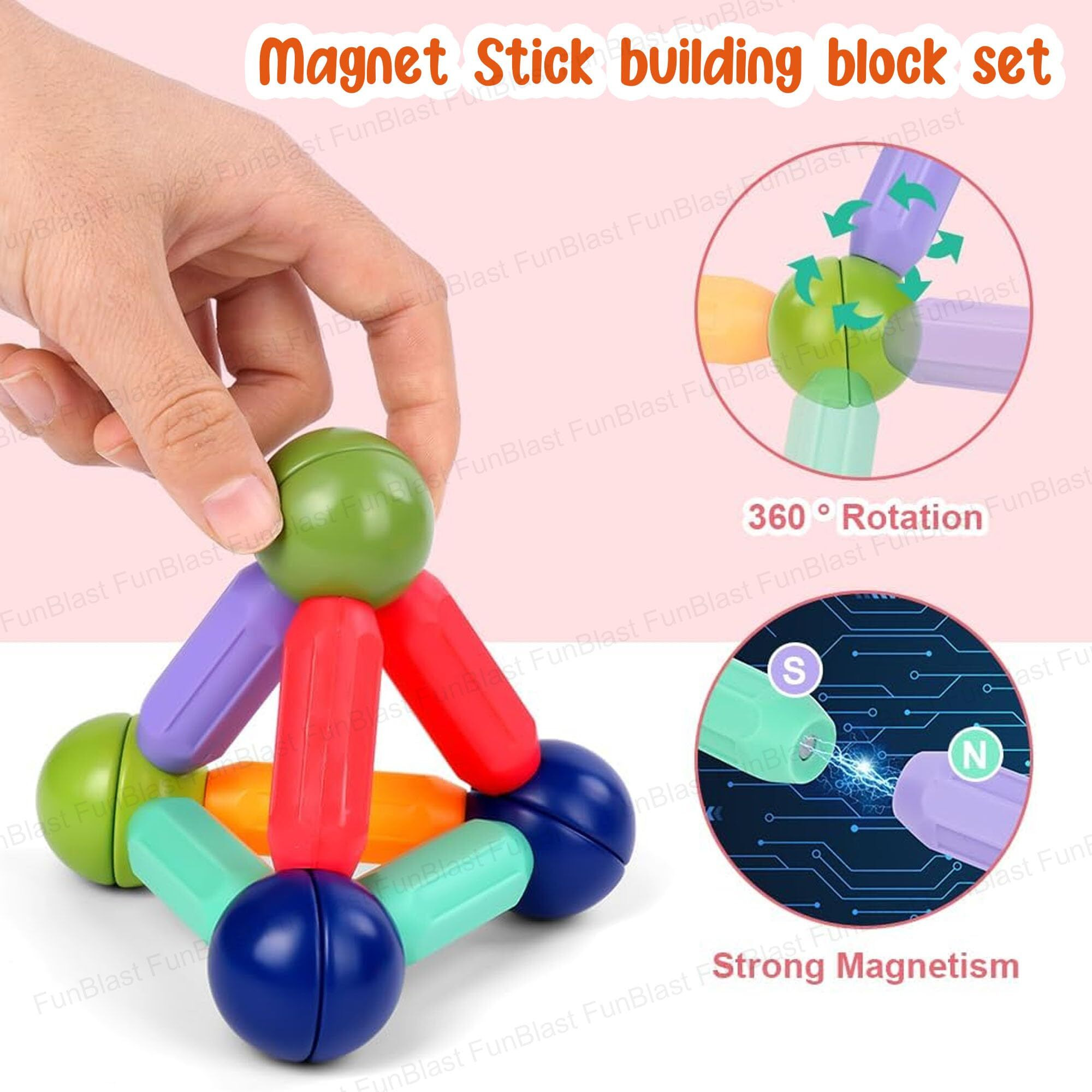 Funblast Magnetic Sticks Building Blocks For Kids, 64 Pcs Puzzle Games For Kids, Stem Toys For Children, Building & Construction Toys, Educational & Learning Toy For 3+ Year Old Kids Boys, Girls