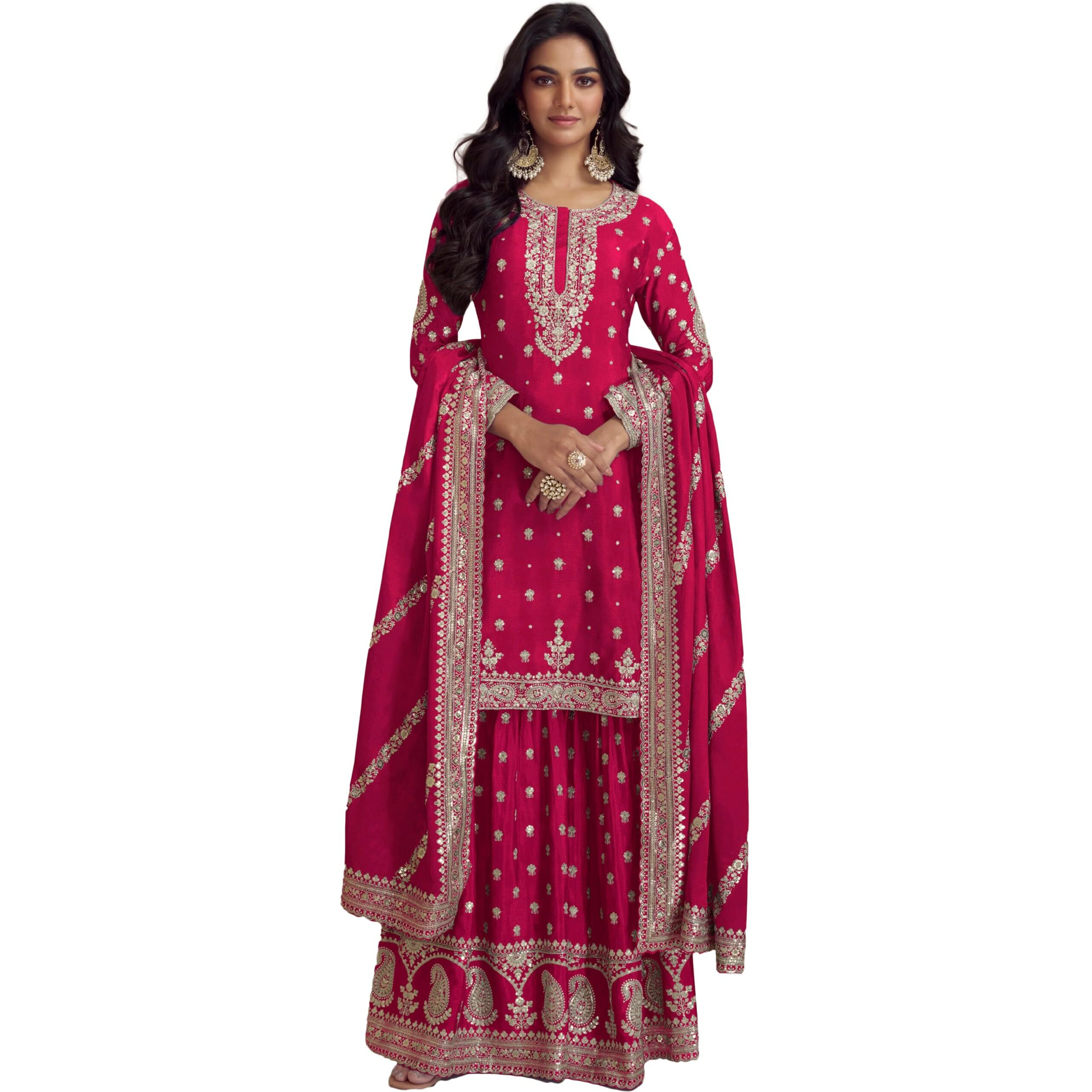 Miss Ethnik Women's Pink Chinon Stitched Top With Stitched Chinon Bottom And Chinon Dupatta Full Sleeve Embroidered Straight Top (Me-1194-Pink-4Xl)