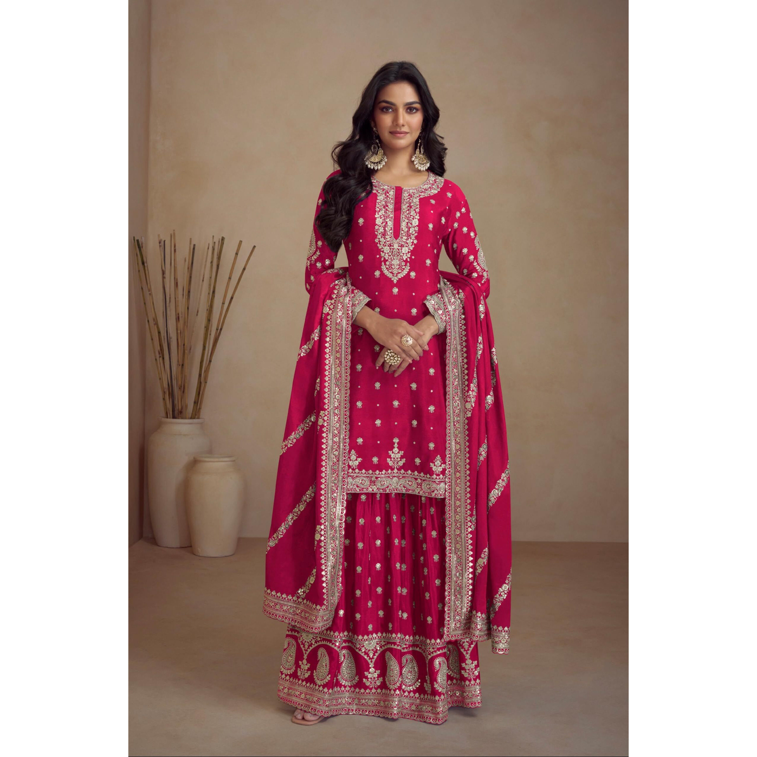 Miss Ethnik Women's Pink Chinon Stitched Top With Stitched Chinon Bottom And Chinon Dupatta Full Sleeve Embroidered Straight Top (Me-1194-Pink-4Xl)