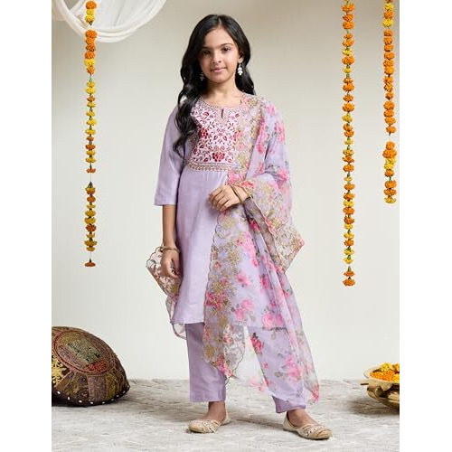 Amazon Brand - Symbol Girl's Rayon Ethnic Wear Embroidered Kurta Set With Organza Dupatta
