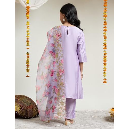Amazon Brand - Symbol Girl's Rayon Ethnic Wear Embroidered Kurta Set With Organza Dupatta
