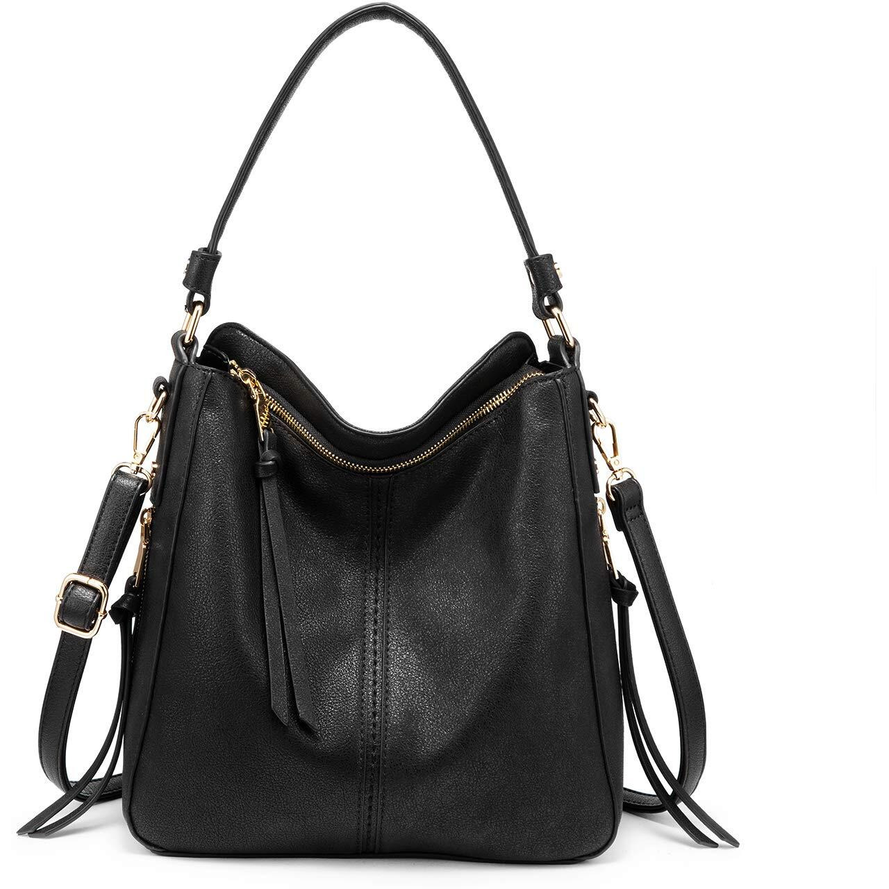 Zibuyu Tote Handbag For Women Fashion Faux Leather Tote Bag Classic Shoulder Crossbody Bags For Lady Girl Solid Color (Black)