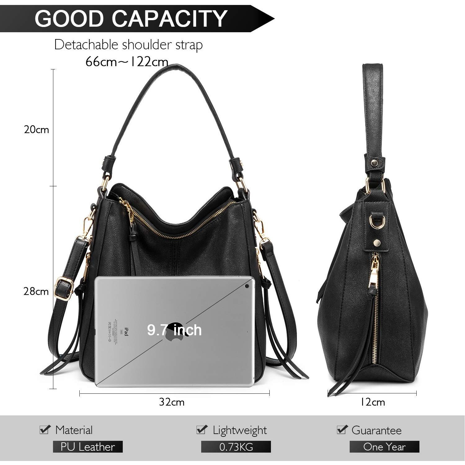 Zibuyu Tote Handbag For Women Fashion Faux Leather Tote Bag Classic Shoulder Crossbody Bags For Lady Girl Solid Color (Black)