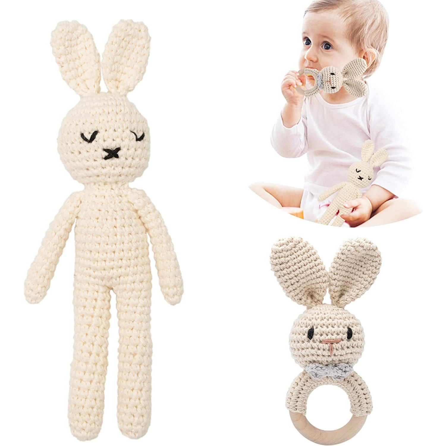 Sycamore East 2Pc Wooden Baby Bunny Rattle&Crochet Doll Plush Stuffed Rabbit Animals Toy For Newborn Baby 3 Months To 3 Year|100% Handmade Infant Soothe Toys For Sensory&Early Grips Thanksgiving Gift