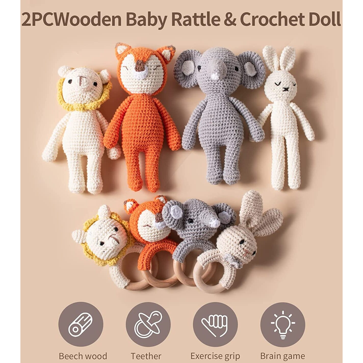Sycamore East 2Pc Wooden Baby Bunny Rattle&Crochet Doll Plush Stuffed Rabbit Animals Toy For Newborn Baby 3 Months To 3 Year|100% Handmade Infant Soothe Toys For Sensory&Early Grips Thanksgiving Gift