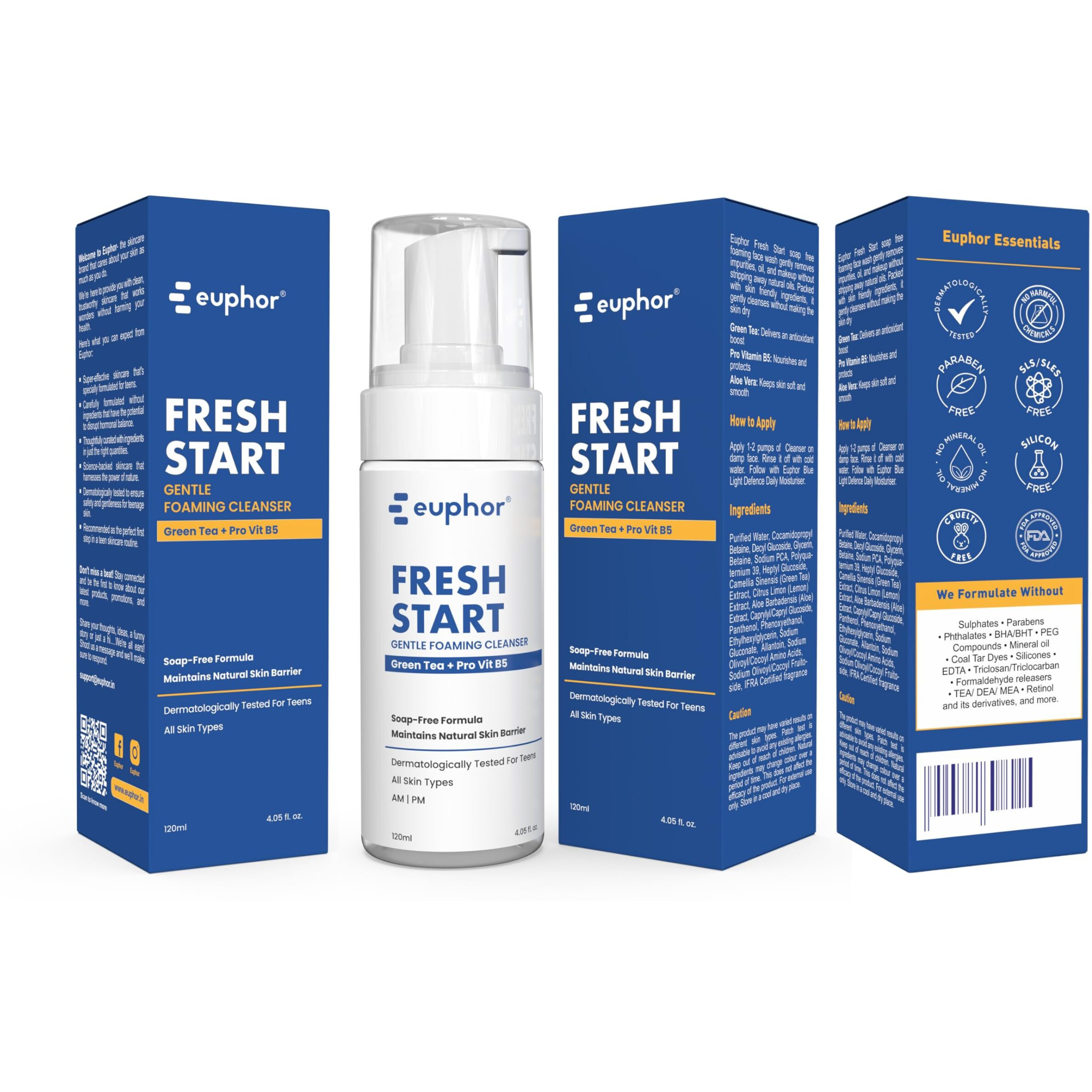 Euphor Teens | Gentle Foaming Face Wash- Fresh Start | Cleanses, Refreshes, Maintains Skin Barrier | Green Tea, Aloe Vera, Niacinamide | All Skin Types | Soap-Free, No Parabens And Sulphates | 120Ml (3Pc) | For Women And Men