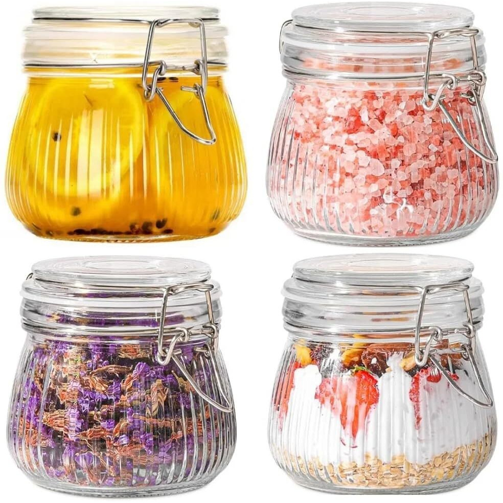 Ash & Roh Airtight Transparent Storage Jar With Rubber Seal Lid And Clip Lock - Perfect For Kitchen Canning, Fermenting, And Storing Dry Food, Spices, Tea, Snacks, Sugar, And More (Pack Of 4, 500 Ml)