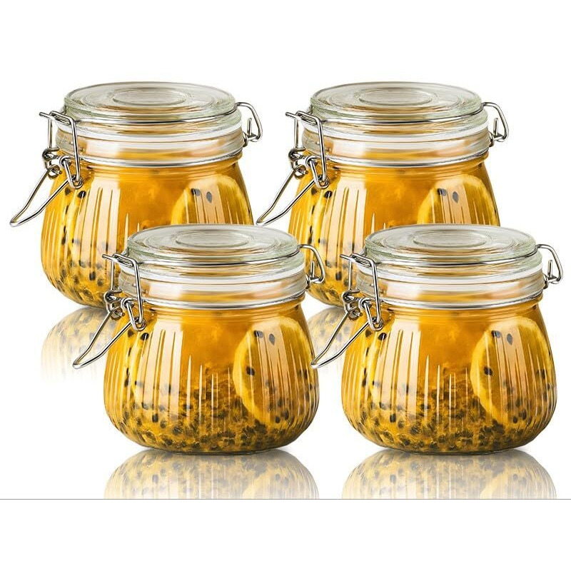 Ash & Roh Airtight Transparent Storage Jar With Rubber Seal Lid And Clip Lock - Perfect For Kitchen Canning, Fermenting, And Storing Dry Food, Spices, Tea, Snacks, Sugar, And More (Pack Of 4, 500 Ml)