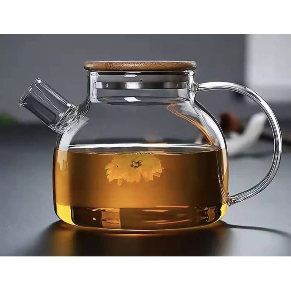 Ankul Borosilicate Round Glass Tea Pot With Heat Resistant Stainless Steel Infuser Perfect For Tea And Coffee Maker, Clear Glass Kettle (Wooden Lid 1000Ml)