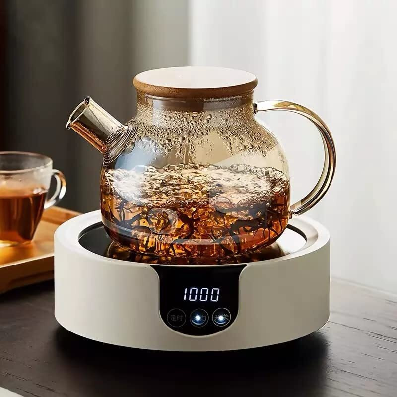 Ankul Borosilicate Round Glass Tea Pot With Heat Resistant Stainless Steel Infuser Perfect For Tea And Coffee Maker, Clear Glass Kettle (Wooden Lid 1000Ml)
