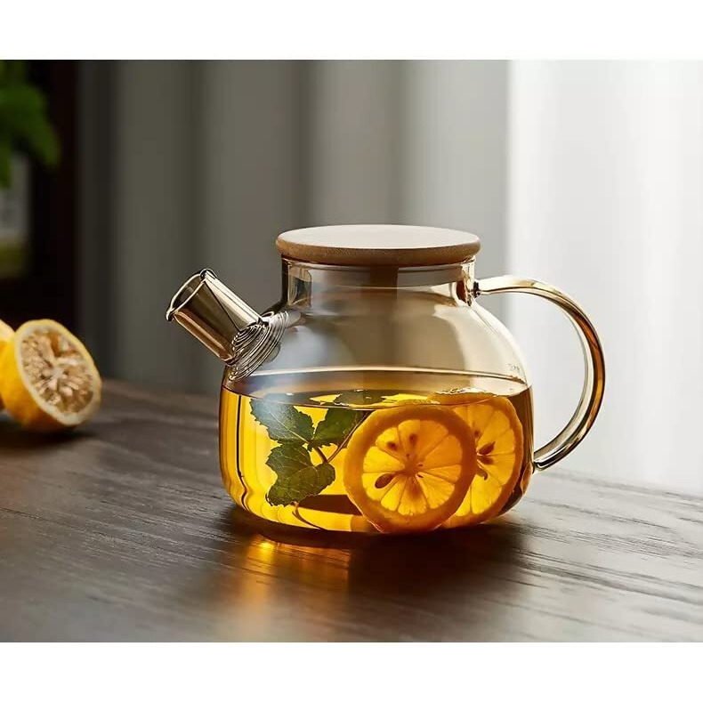 Ankul Borosilicate Round Glass Tea Pot With Heat Resistant Stainless Steel Infuser Perfect For Tea And Coffee Maker, Clear Glass Kettle (Wooden Lid 1000Ml)