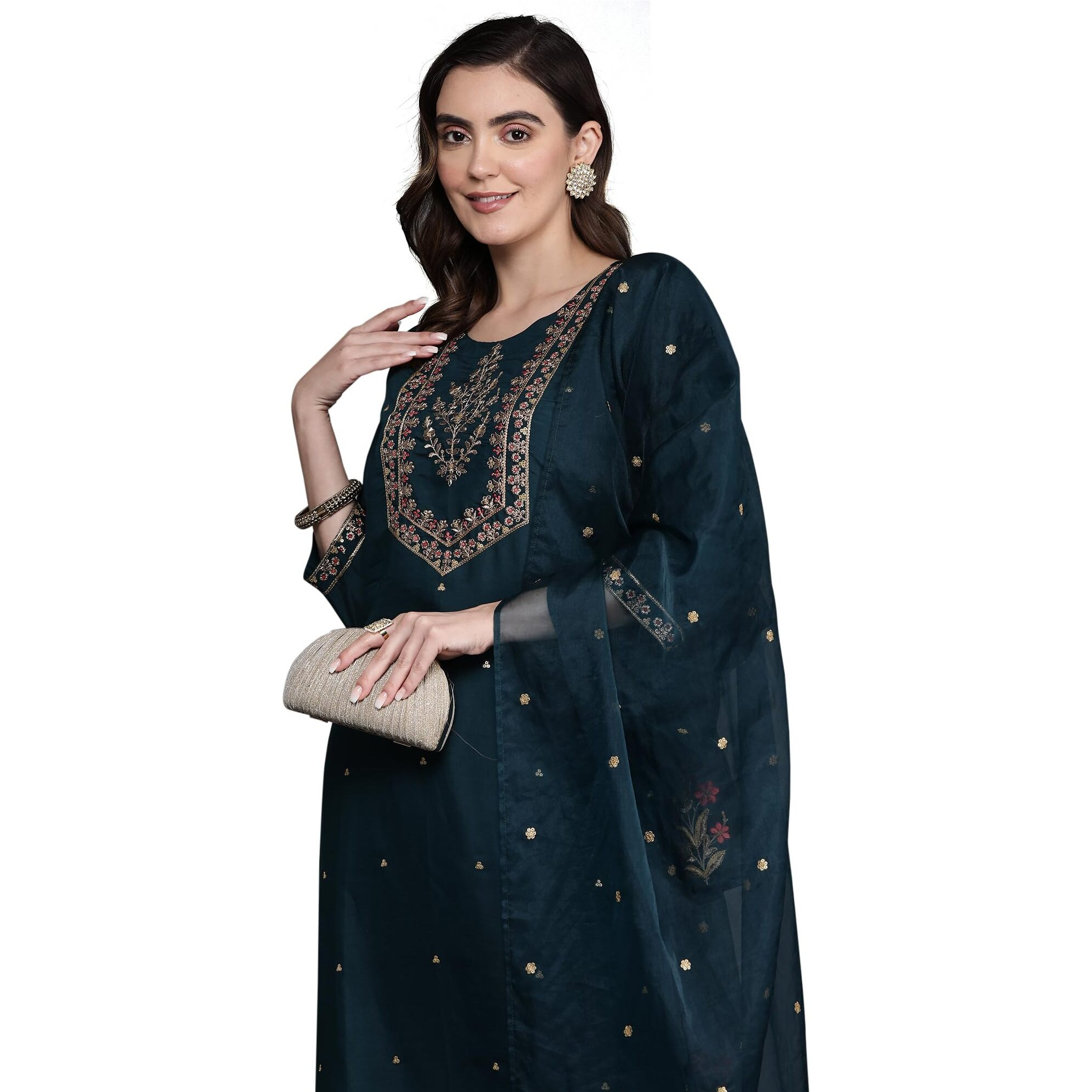 Indo Era Blue Straight Embroidered Poly Silk Kurta Trouser With Dupatta Set For Women (Kh9Bl7196_X-Large)