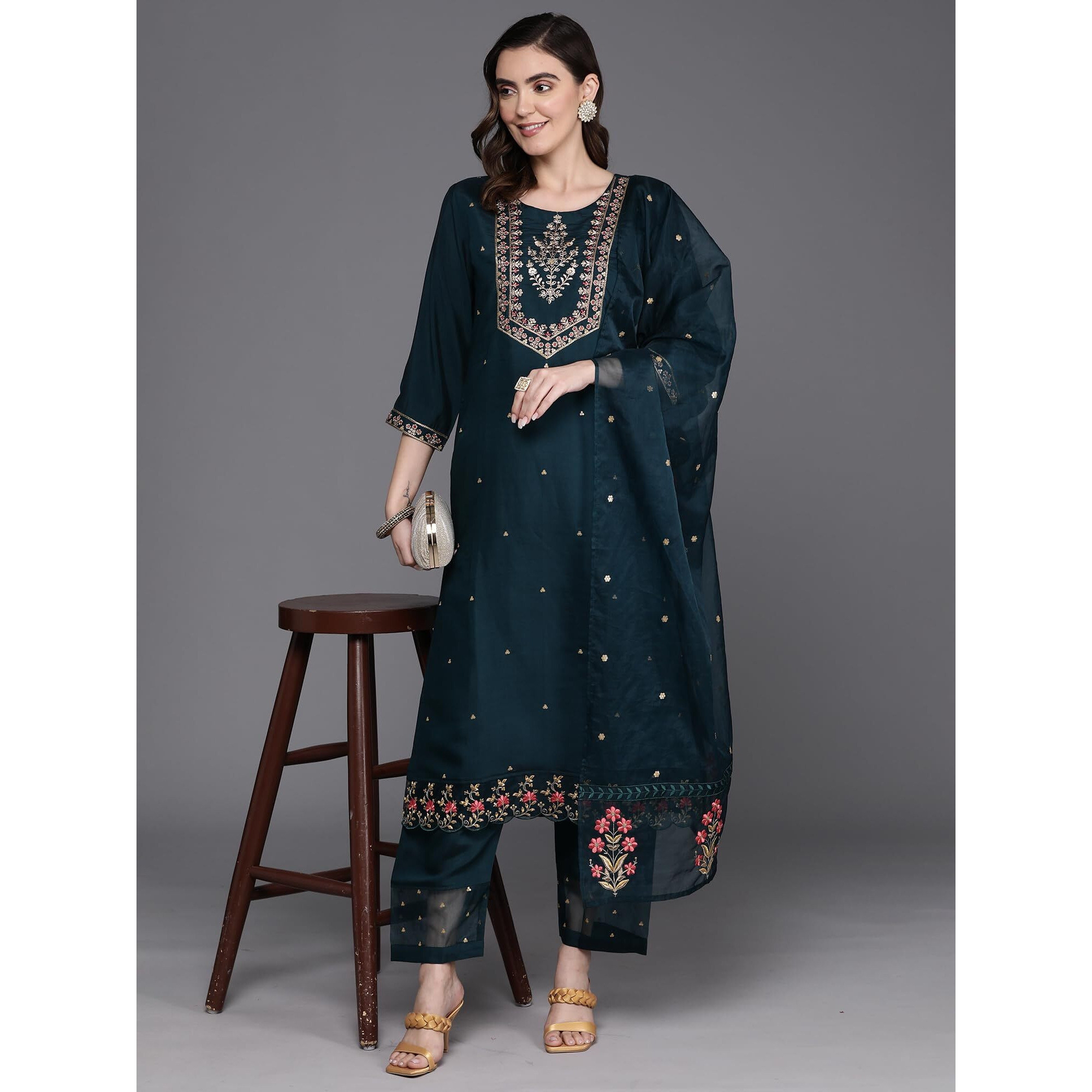 Indo Era Blue Straight Embroidered Poly Silk Kurta Trouser With Dupatta Set For Women (Kh9Bl7196_X-Large)