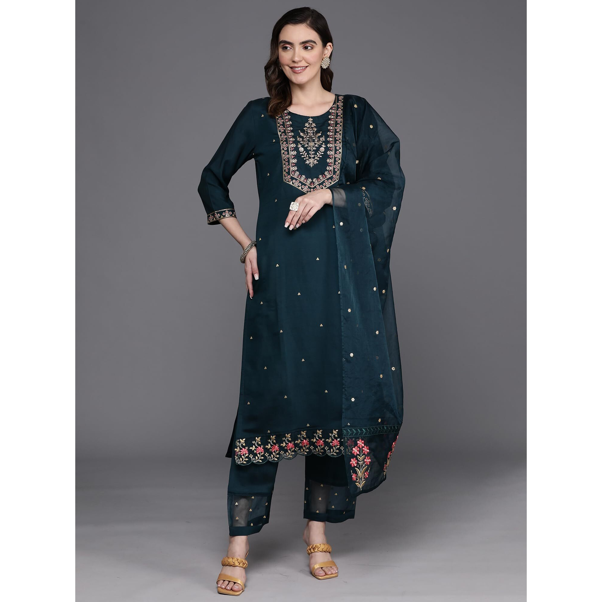 Indo Era Blue Straight Embroidered Poly Silk Kurta Trouser With Dupatta Set For Women (Kh9Bl7196_X-Large)